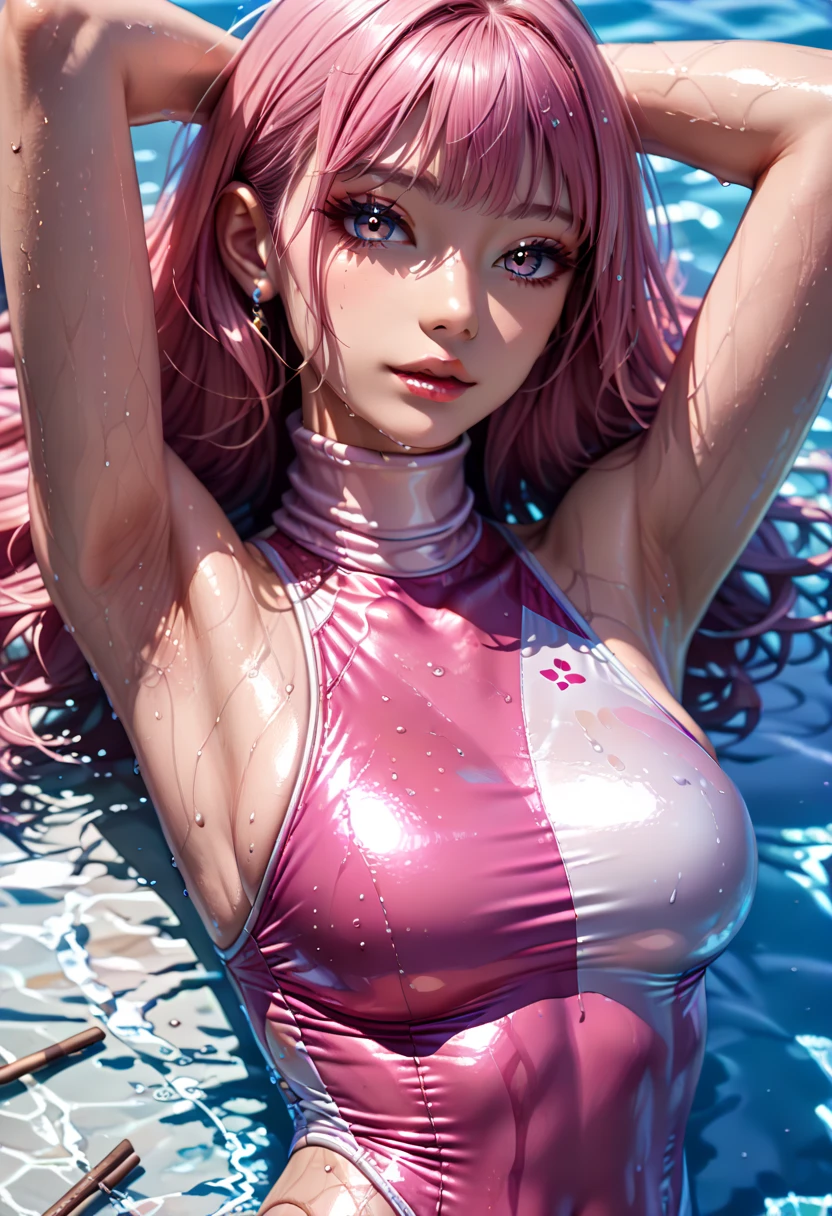 (raw:1.4),(realistic:1.4),(a girl), supermodel figure, detailed eyes, blue eyes, elongated tongue, flaxen hair, (((piercing lovers))), (earrings, tongue rings, nose rings, navel rings), (diamond rings, diamond bracelets), real skin texture, (: 2), (abs: 0.6), clear abdomen, clear body lines, (damp, sweat), double eyelids, (dynamic hair, damp hair), glowing skin, glowing face, (shiny pink nails), (skin with diamond shine), ((pearlescent skin)), ((dynamic posture)), condescending looking at the camera, (lying, knees raised, legs apart, soles raised)), ((dynamic legs)), (correct anatomy), (correct displaning), (wearing silk, soaked clothes), viewed from above, ((no pants)), (in water, rainy days, in rain, very humid air), (weightlessness), blisters, Rose petals floating in bathtub, clothes soaked, 16k, hyperrealism, realism, high-quality details, absurd atmosphere, studio lighting, face filling, sharp focus, masterpiece, award-winning work, (lots of detail, hyperrealism, realism, works by Omar Ortiz)