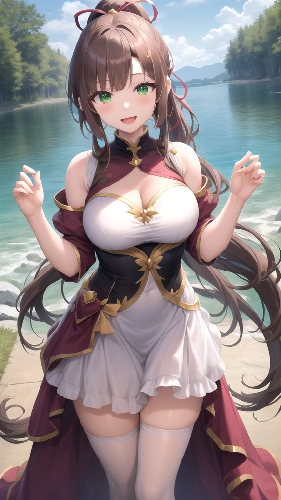 ((Highest quality、、masterpiece:1.3)), Upper Body、Long legs、Sharp focus:1.2, Beautiful woman with perfect figure:1.4、((Big Breasts:1.2)), (Big Breasts、Soft looking big ass、Feminine body 、Smiling:1.2), Face and skin texture crafted to the smallest detail、Fine-grained、double eyelid、25-year-old female、sexly、((((Cosplay、Isekai background、Fantasy、Magical World、Brave))))
