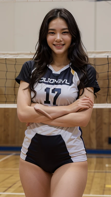 A breathtakingly beautiful girl with long, silky hair flowing down her back. She has a toned and athletic physique, emphasized by her tight black volleyball jersey that hugs her curves, revealing her big, perky breasts and toned abs. Her mini black shorts sit high on her hips, accentuating her long, toned legs and round, firm butt. Standing at an impressive height, she towers over her teammates in the volleyball gym. The camera captures her in an action pose, mid-serve, as she leans forward, thrusting her chest out and swinging her powerful arms back, ready to release the ball with force. Her determined expression and confident stance perfectly embody the sexy and athletic aura that surrounds her. The gym is filled with the sound of sneakers squeaking on the floor and excited cheers from teammates, adding to the dynamic energy of the scene. The lighting is soft and flattering, highlighting her flawless skin and sculpted muscles, making her stand out even more against the background of the gymnasium.