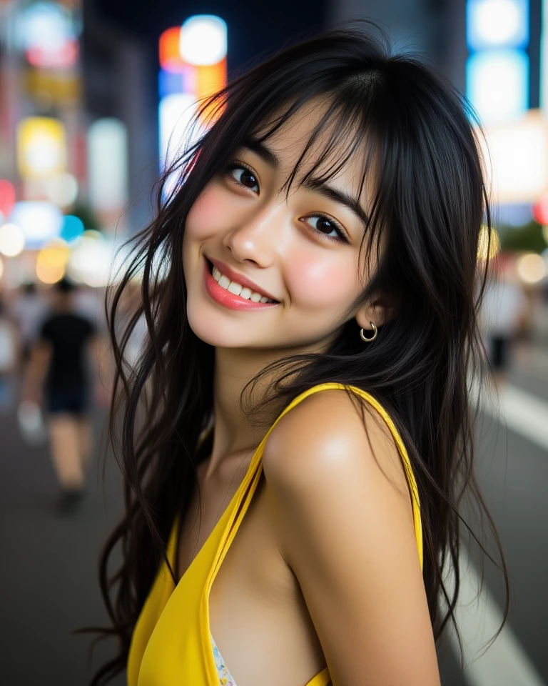 masterpiece,best quality,(Japanese ),((Beautiful girl)),cleavage,(perfect body beauty:1.2),(shy smile),beautiful teeth,(hat),(Shibuya scramble crossing),