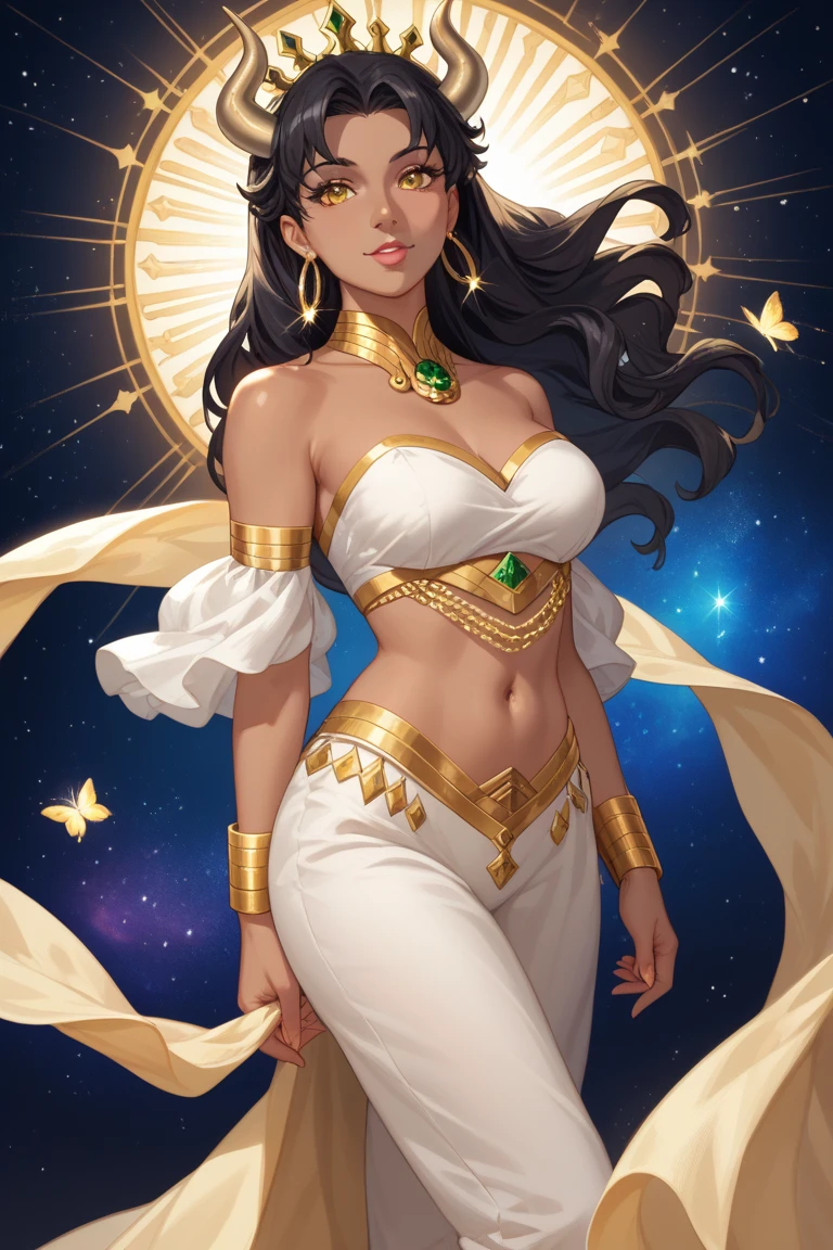 50-year-old indian female ifbb, extremely translucent shimmering dress, reflective gold shiny bra, glowing iridescent thong, white sheer arab pants, thick lips, mature allure, dark skinned