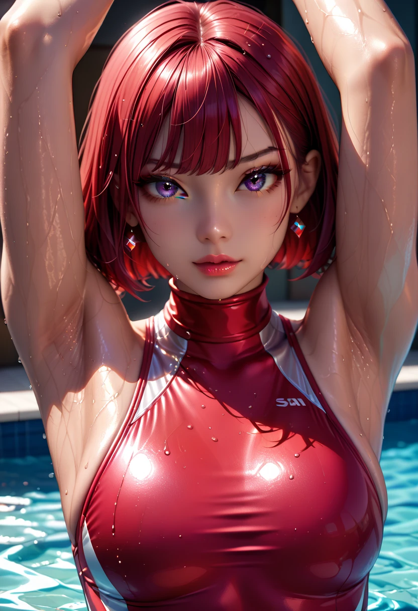 masterpiece, Red hair with a symmetrical face, Thin and athletic 18-year-old woman with medium breasts competes in a 100-meter dash race, 40% ultra-short and tight competition clothing, ((intricate details)), natural light, running track, professional photography, wallpaper