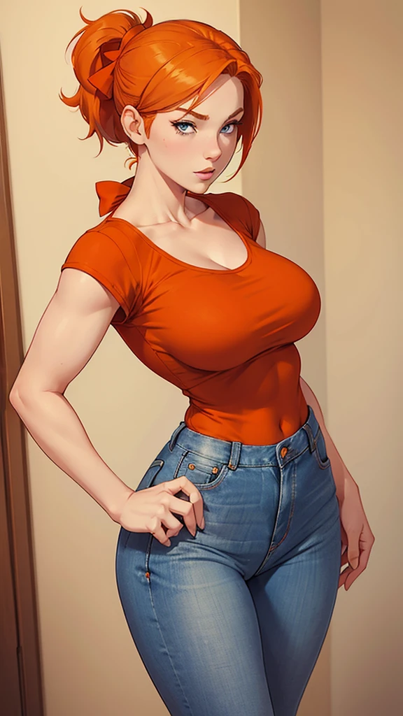Light skin, bob cut, cleavage, tied shirt, midriff, flashing red panties, short skirt, stockings, green eyes, red hair, freckles, large breasts, blank background