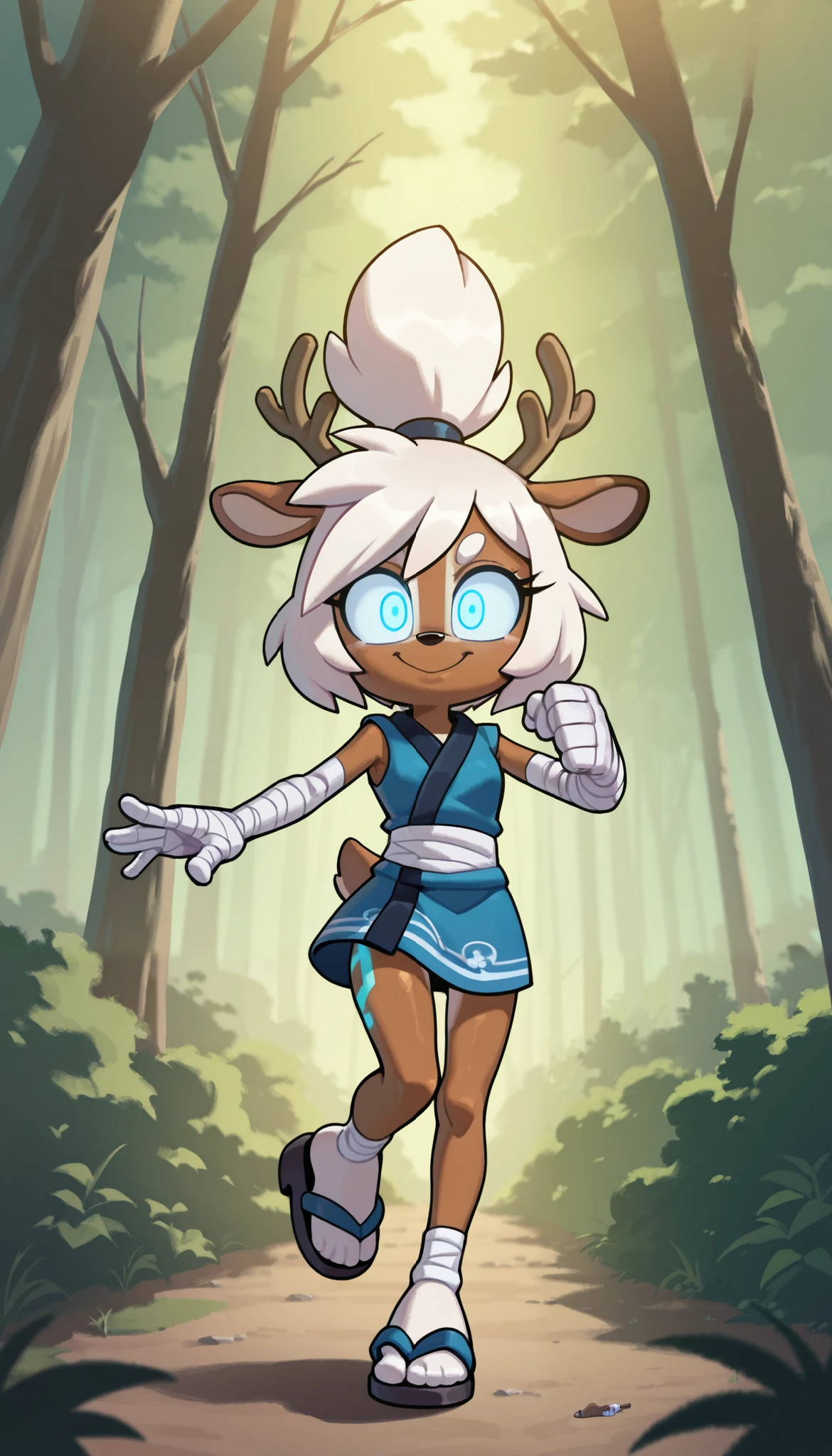 score_9, score_8_up, score_7_up, 1girl, solo, masterpiece, best quality, amazing quality, very aesthetic, absurdres, source furry, mobian deer, glowing eyes, deer ears, deer tail, deer features, two tone body fur, brown body fur, white body fur, white hair, messy bangs, topknot messy ponytail, looking at viewer, smile, oily skin, (short body, tiny body), big head, closeup, ((blue short kimono, sleeveless, white bandages, sandals)), cheek tuft, smile, full body, feets with three toes, forest on background, small breasts, female furry, action pose, karate fight, avatar state, blue glowing tattoo on arms, 