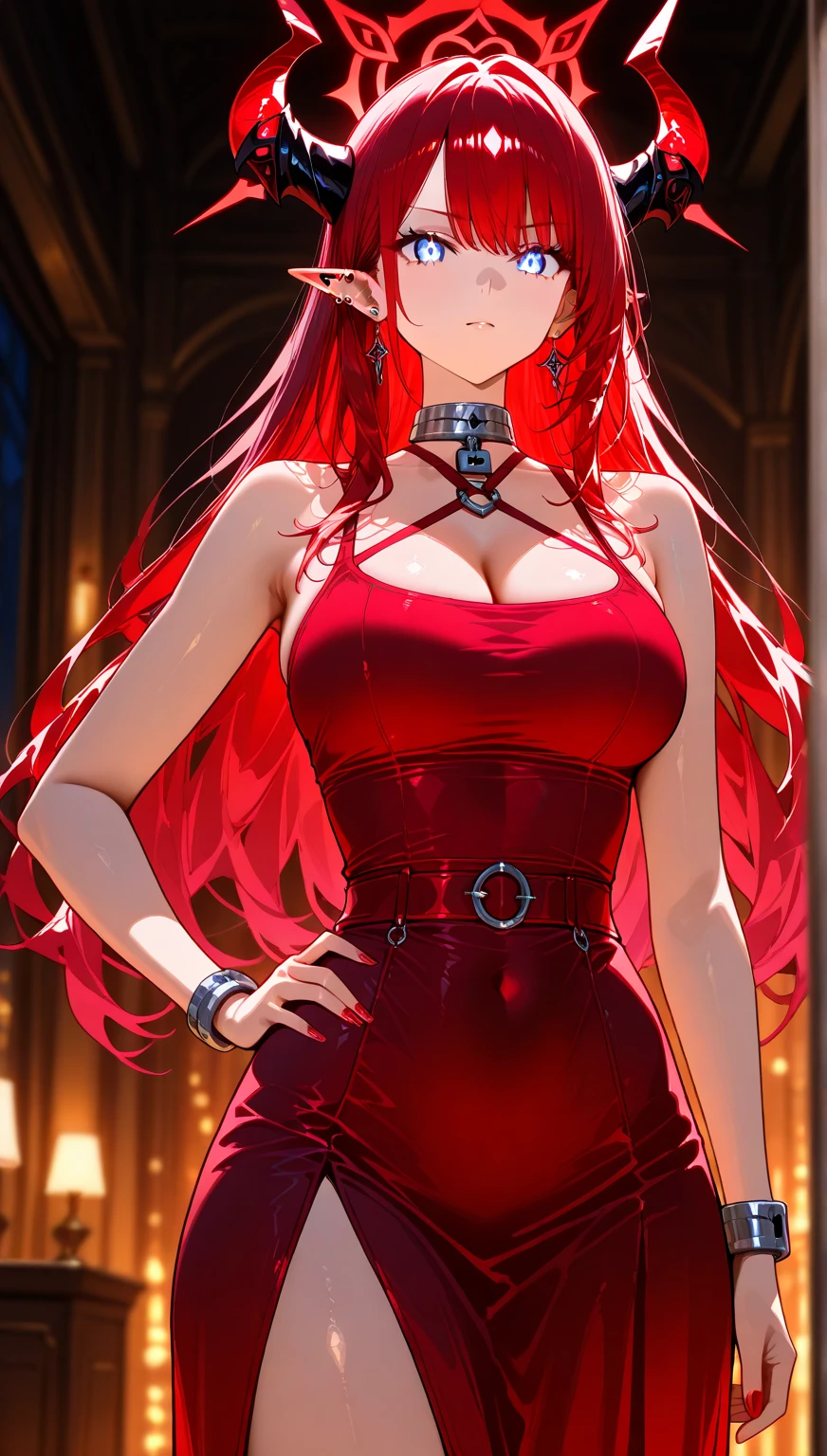 Best quality, une fille, yeux rouge, nasty look, envoutante, Threatening, la nuit, in front of me, robe gothique, pas de corne