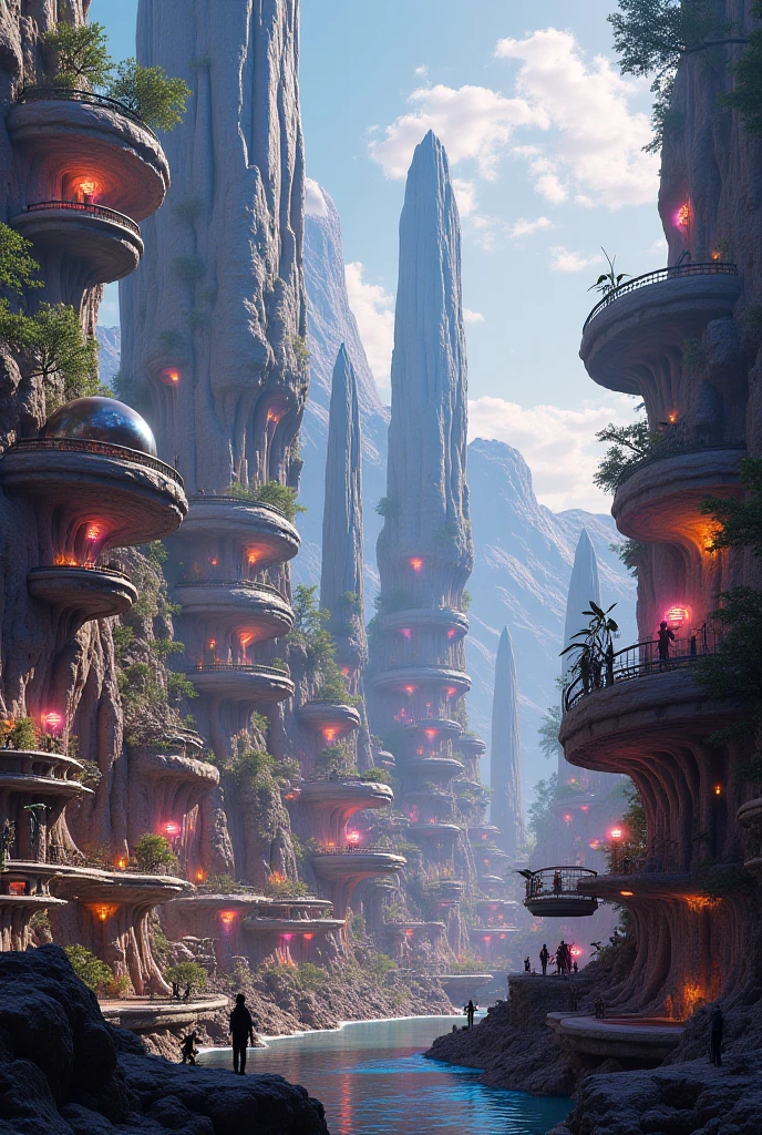 Futuristic design of cave architecture interiors concept art on grand Canyon caves nature architecture, proportional,detailed, cave architecture nature meets futuristic architecture by Toyo Ito ,residential area, futuristic development, high rise made up staircases, balconies, full of rock and glass facades, residential spaces carved from cliff side ,trending on artstation, beautiful lighting,In the style of Jean Nouvel masterpiece, fantasy, intricate, award winning, 4k, highest quality render