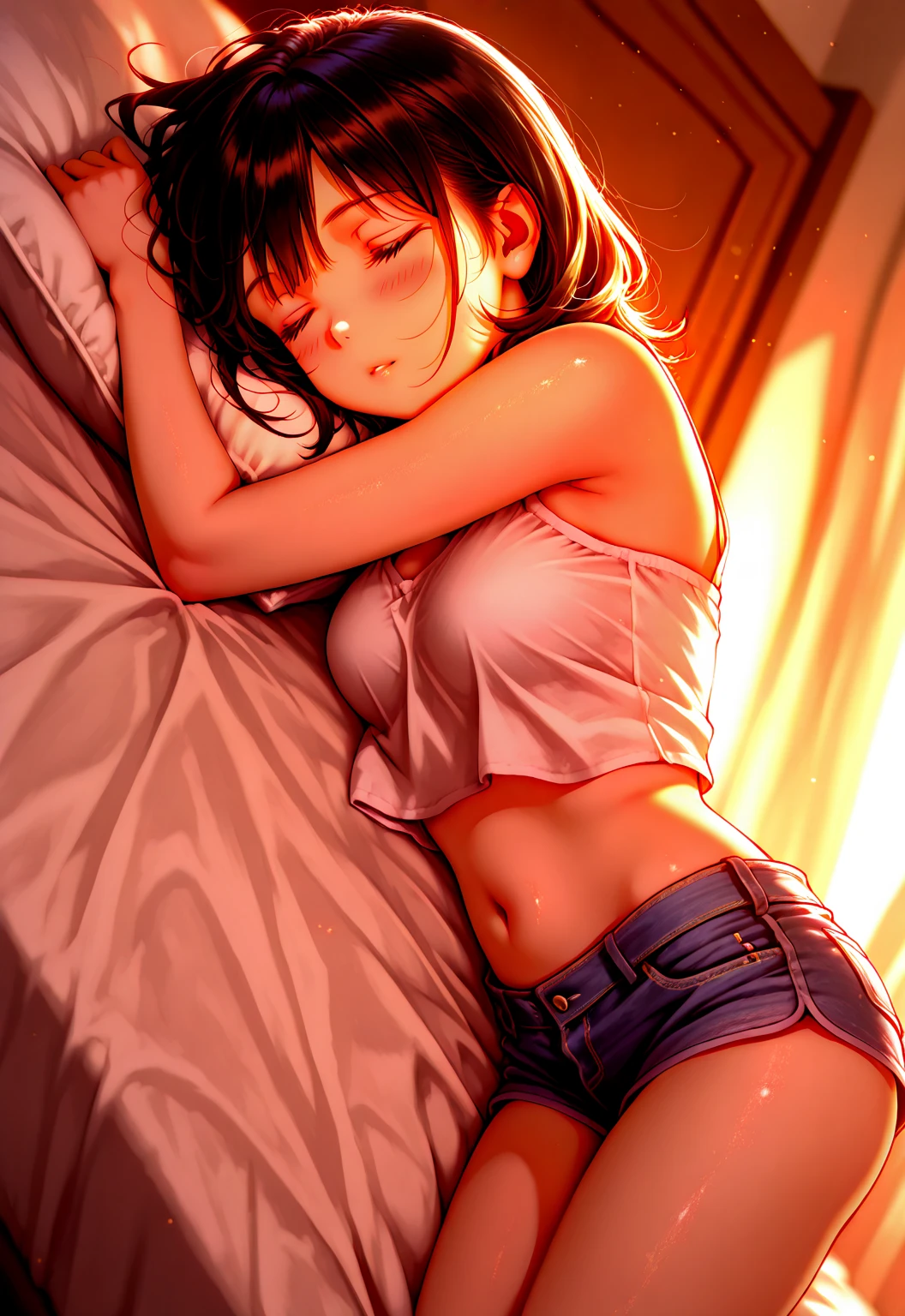 1girl, solo, breasts, blush, huge breasts, nipples, yellow eyes, black hair, short hair , ass, sweat, ucensored, (pussy:1.5), spread legs, school uniform , skirt , open clothes , ass , thighs , sweat , pleated skirt , pussy juice, (anus:1.5) , spread pussy, sperm come out from anus , clitoris, folded, knees to chest, urethra, bare hand , ((bare legs:1.5)), on sofa , indoors , living room as background ,