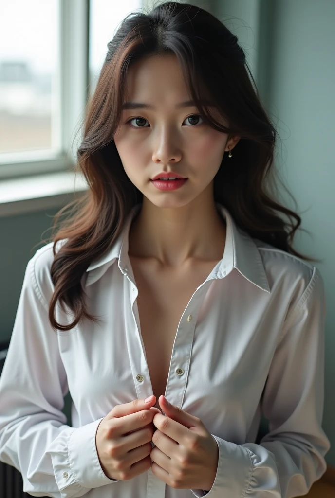 RAW photo, bokeh, (Lifelike face), smiled slightly, Top image quality, High resolution, best quality, 8k, HDR, (photorealistic:1.6), (1girl:1.4), S-shaped body, slim body, brown and curly and messy hair, very detailed face, beautiful eyes, [chubby], adorable, full body portrait, Close-up, sharp outline, romantic, fashion, uniform, culotte, spread your legs, sit on a squat, (spread legs:1.3), can see underwear, delicate face, short brown hair fluttering in the wind, 24-year-old girl, slim figure, medium chest, sexy, plump breasts, sharp gaze at the viewer, badass looking, cool face, glamorous, standing tall.