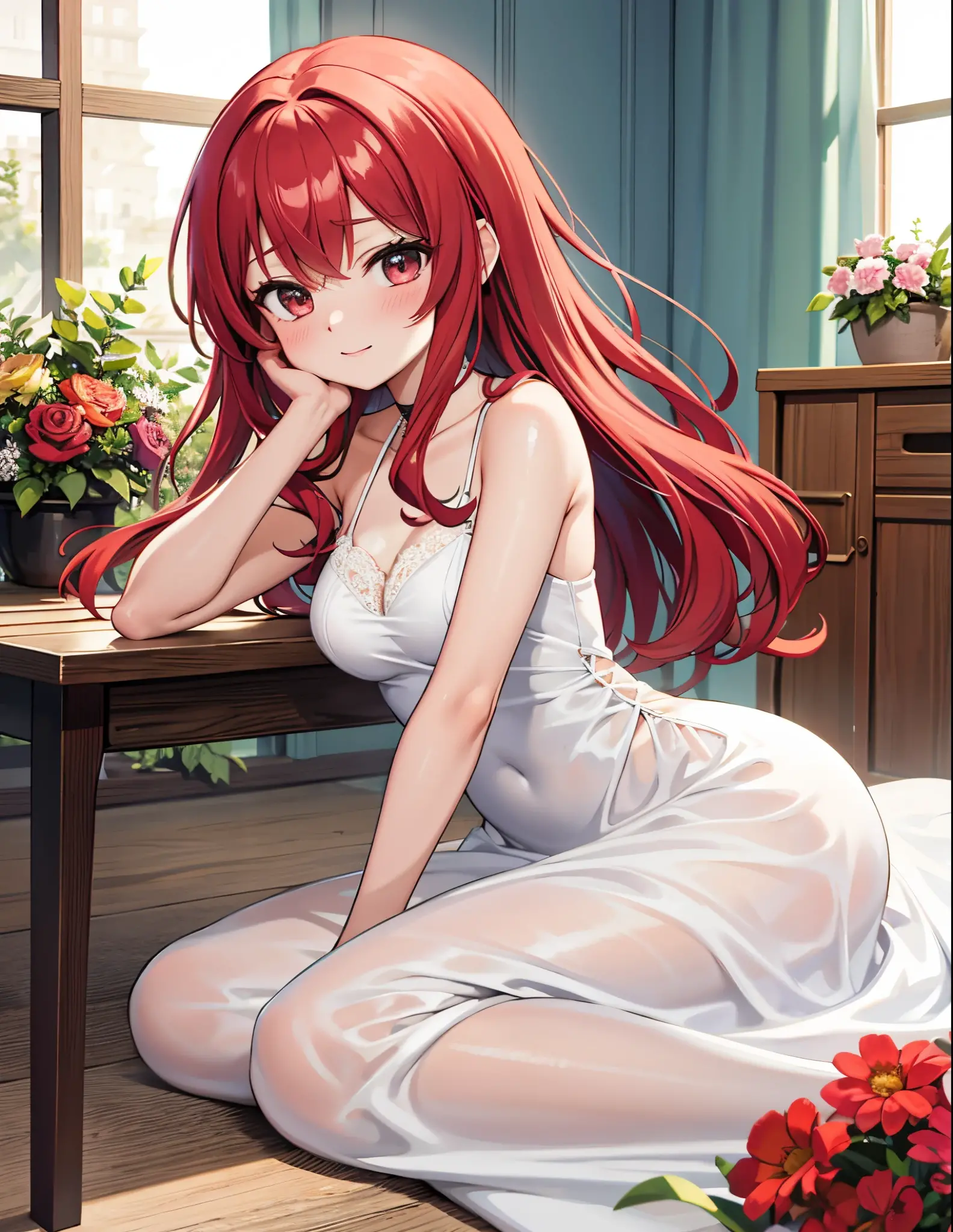 adolecente, Vistiendo un vestido de verano, red-hair, elegante, hermosa, Shy, delicada, alegre,, Romantic light, en la cuidad.