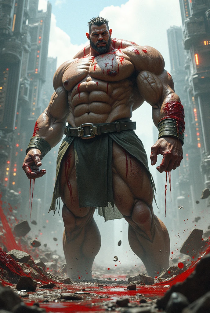 (masterpiece), best quality, an ultra-detailed, high-resolution, full-body portrait of a giant, muscular Spartan warrior, characterized by immense strength, kneeling, screaming and bloodied,((( in the background several bodies resulting from a bloody battle))).
