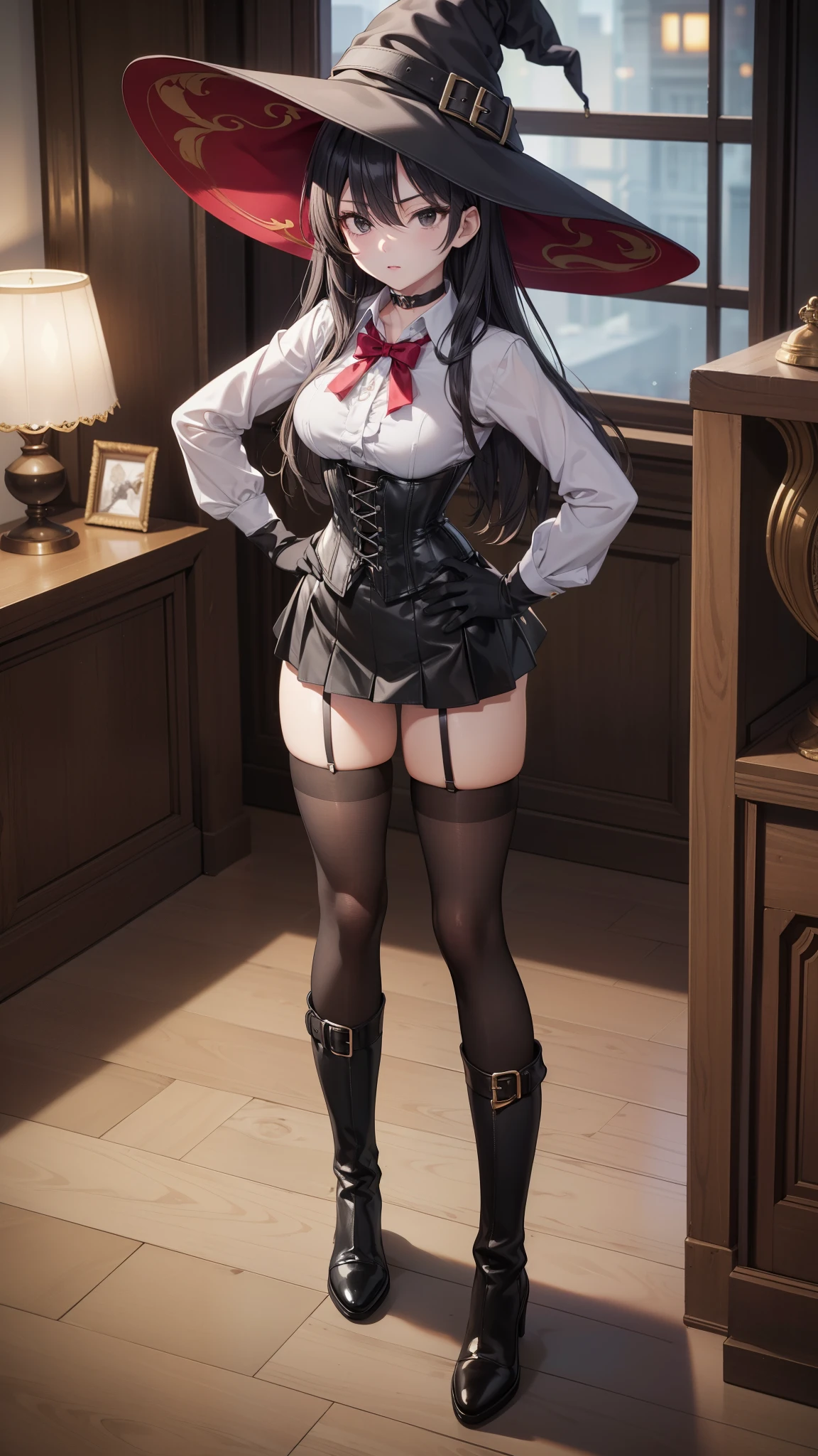 Masterpiece, beautiful art, professional artist, 8K, sciamano240 art style, very detailed face, detailed clothing, Detailed fabric, (A young girl of short stature), ((hands on the hip)), (seen from above), perfectly drawn body , beautiful face, closed lip vest, (long black hair), black eyes, very detailed eyes, serious expression, detailed lips, (witch hat), choker:1.6, (long sleeve buttoned white collar shirt), black gloves, gloves that cover my hands , (black leather corset), (short black skirt), ( brown stockings), (black boots), show details in the eyes, elegant room, candelabras, at night