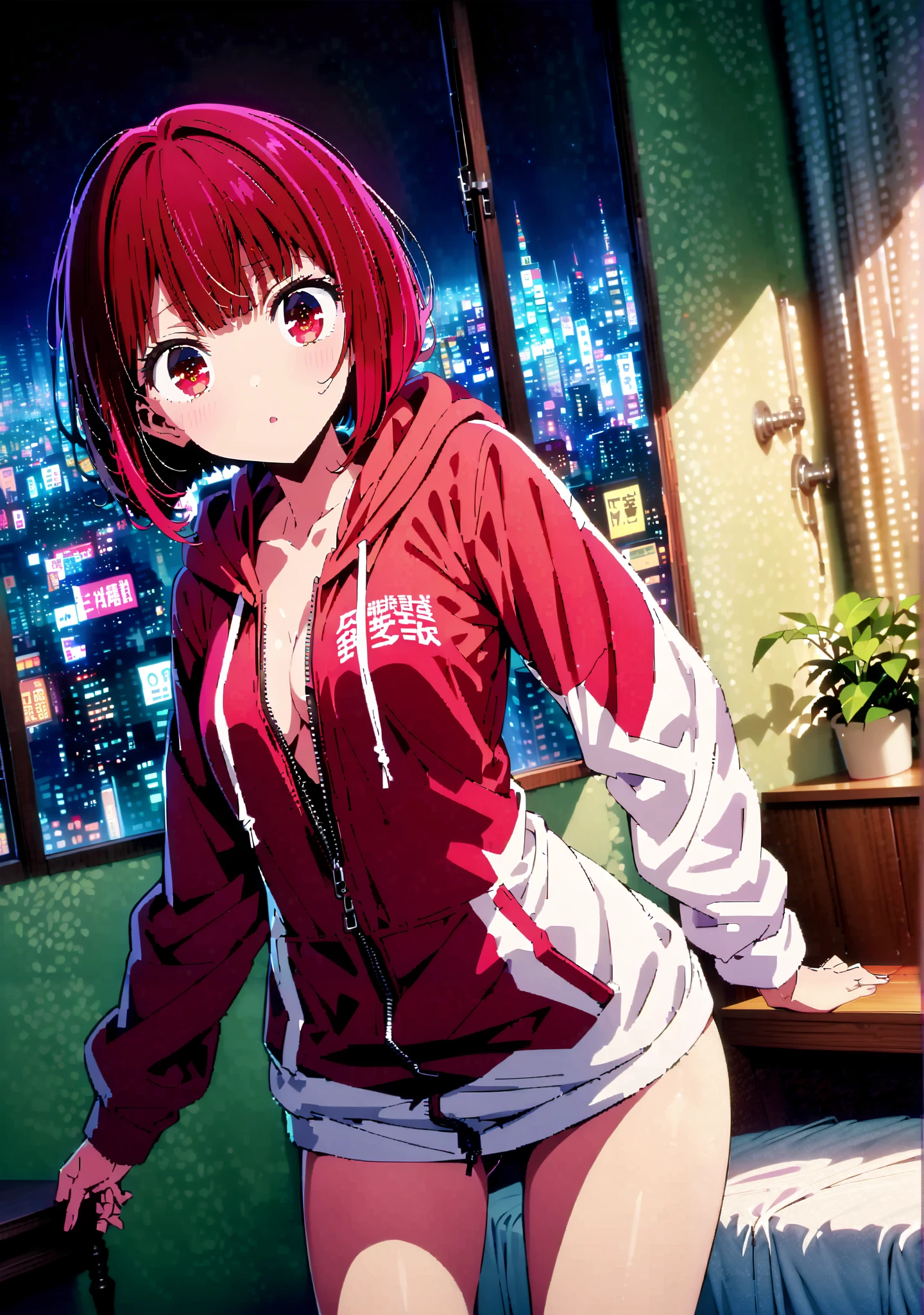 score_9, score_8_up, score_7_up, source_anime,
Canary, Arima etc., short hair, bungs, Red Eyes, red hair, bob cut,naked hoodie, hoodie, open hoodie, Unzipped , Chest, midriff, belly button,Bare legs,bed,Interior,window,Beautiful cityscape, beautiful night view with depth,full bodyがillustrationsに入るように,break indoors,bedroom,
break looking at viewer,full body,
break (masterpiece:1.2), best quality, high resolution, Unity 8k Wallpaper, (illustrations:0.8), (beautiful detailed eyes:1.6), very detailed face, so that it fits into the illustration, extremely detailed CG, (curved body, perfect anatomy from a shellfish),
