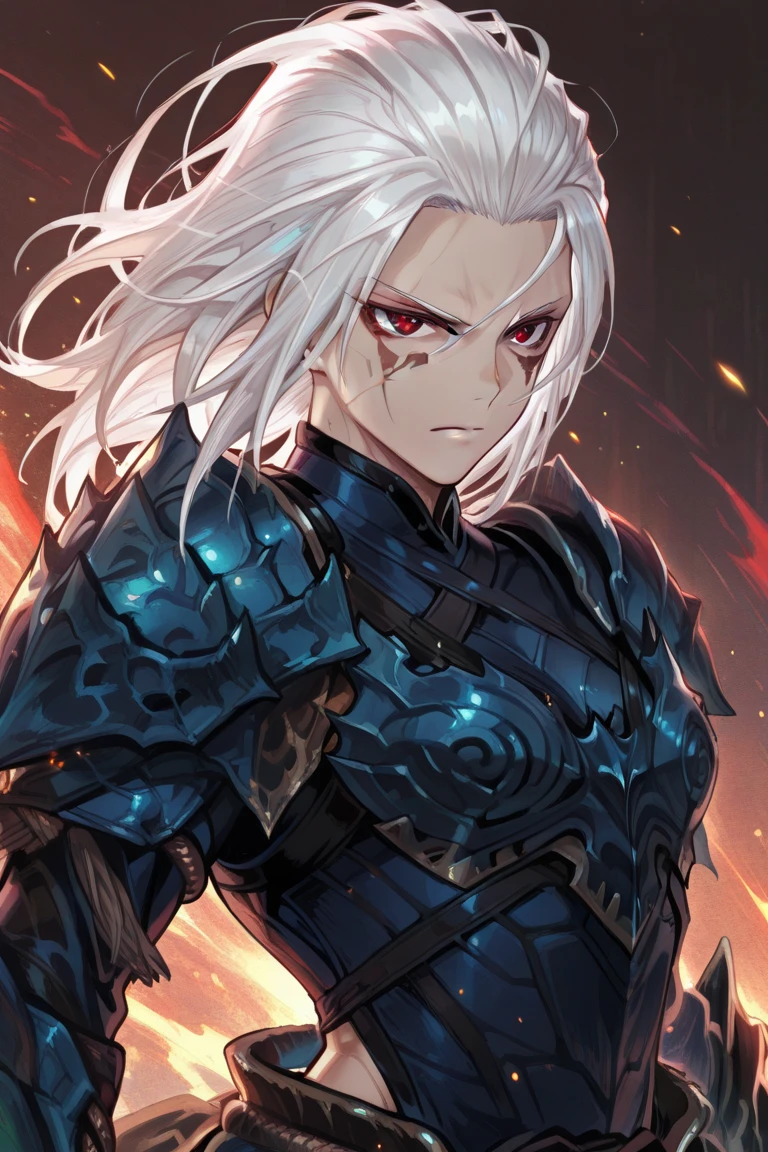 African black，Handsome man, Long hair, Silver Hair, His hair is tied back，Silver Hair的怪物猎人，Cat-like amber eyes,There are some injuries on the face，Rugged，muscular，Worn-out clothes、Black leather armor with battle scars，It is decorated with trinkets and trophies from past hunts.，There are claw marks and teeth embedded in the leather armor.，Amber Halo, Brown Halo, Handsome, high quality, 