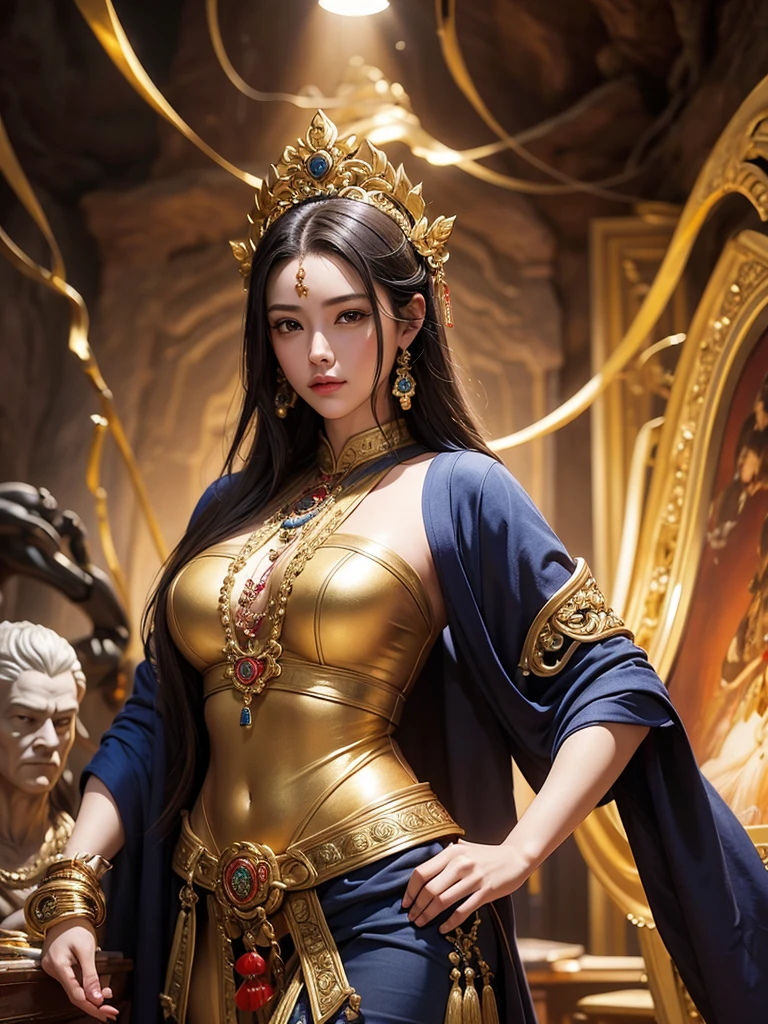 Noble goddess，cat girl, Scepter in hand，Elegant temperament，mystical ambiance，Best quality、tmasterpiece、A high resolution、1girll、Sheer silk porcelain dress、Nice face、hair adornments、looking at viewer、shift dresses、hair adornments、choker necklace、jewely、long black hair、earring、pretty  face、Sit in a golden chair，Ancient mythology、Ancient palaces，Luxurious and detailed background、hentail realism、profesional lighting、edge lit、bicolor lighting、（highdetailskin：1.2）、8K, Ultra HD、Digital SLR、softlighting、high quality，Volumetriclighting，High resolution 4K，blur background，high contrast，largevaperture，automatic white balance，cinematic compositions，realisticlying