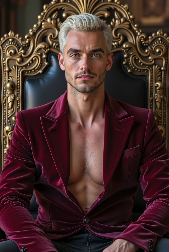 a handsome muscular man with intricate tattoos covering his body, stubble, platinum blonde hair with red tips, confident smirk, holding a delicate flower, sitting on an ornate throne, ultrarealistic, 8k, cinematic film still, (RAW, HDR, DSLR), dynamic lighting, dramatic shadows, vivid colors, award-winning,
