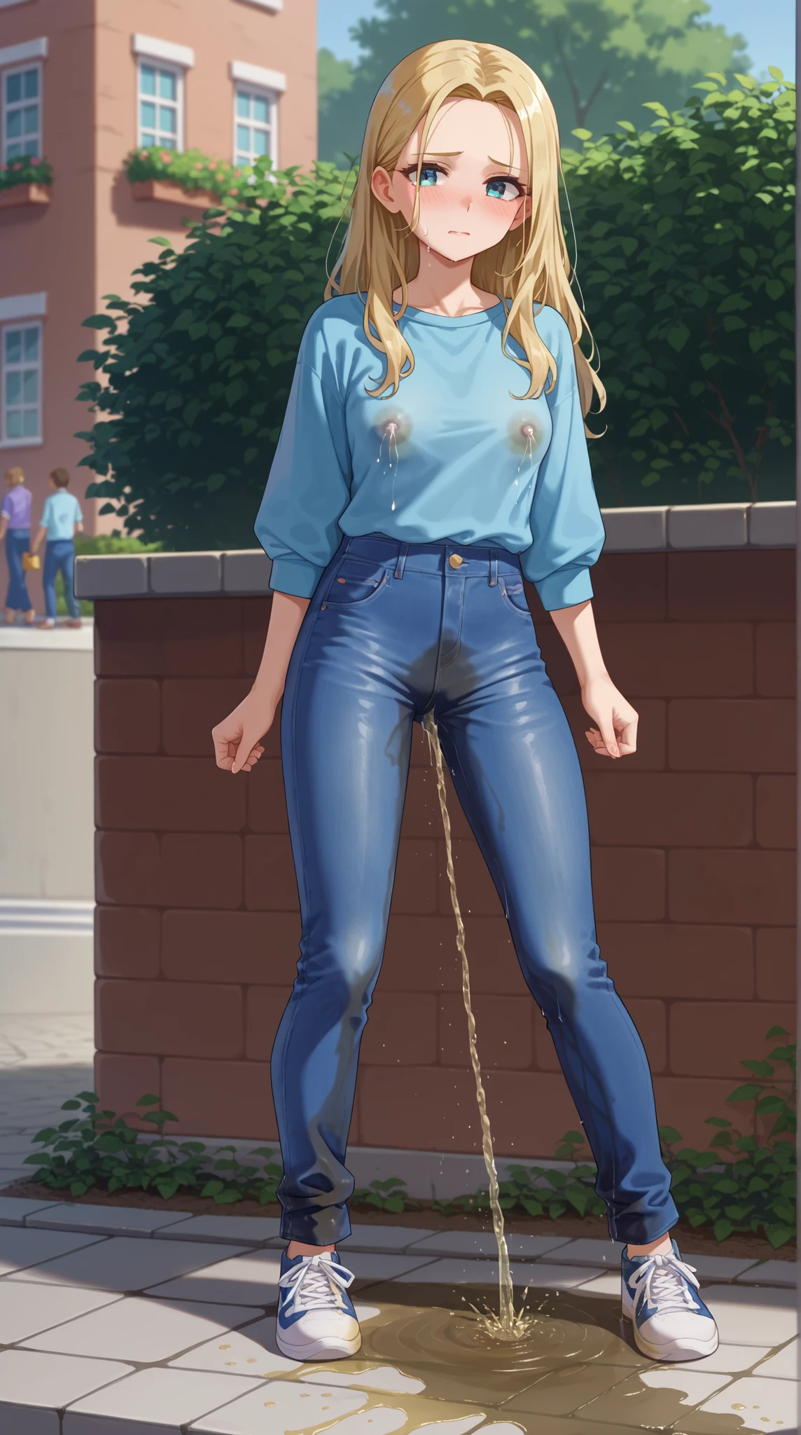 score_9, score_8_up, score_7_up, 1girl, youthful female, beautiful eyes, lovely long hair, forehead, (lactation), medium breast, skinny body, (wetting herself), (desperation), (peeing), large wet pee stain, pee stain visible on her pants, (blue denim pants), casual outfit, footwear, looking at viewer, outdoor setting, :O, full body, Fashion photography, absurdres