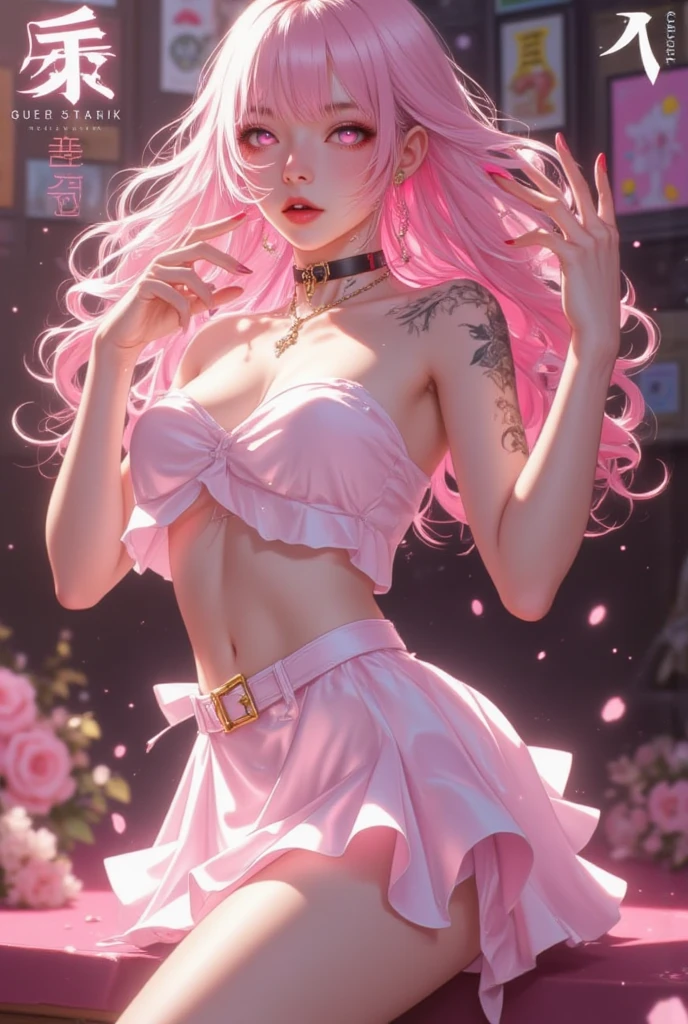 1girll,(Captivating quality:1.4),(True textured skins of the highest quality), Delicate face,Pink twin-tailed hair, Gradient Hair, (perfect bodies:1.1),Heart-shaped choker、long eyelasher,grin, hyperphotorealism, Cinematic lighting, projected inset, surrealism, hyper HD, masutepiece,Dream On,Please wear clear silk pajamas,Carmelto,tattooed,Fantasy space,Luxurious space