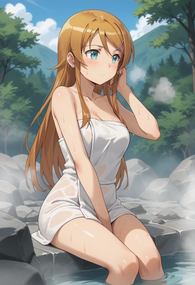 yuuki asuna, kizukiai, brown hair, brown eyes, medium breasts, long hair, Asuna, blush, masterpiece, best quality, ultra-detailed, 4k, ray tracing, perfect lighting, busty, (pink cheeks), seductive, sexy face, sexy, curvy body, thick thighs, hot, sexy, naked, nude, sexy body, natural skin texture, nsfw, showing her boobs, open legs, no panties, perfect anatomy, detailed image, perfect pussy, open pussy, thinner waist, wide hips, thick thighs, delicate eyes, detailed eyes, better lighting, blue sky, clouds, in a river.
