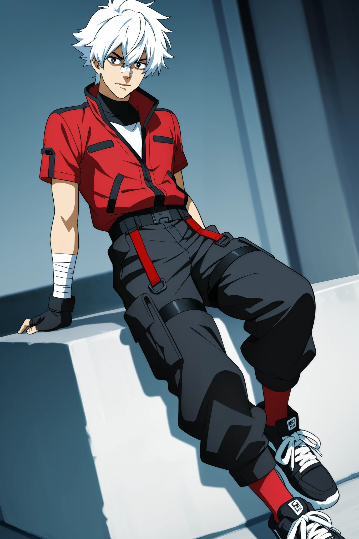 A male anime character with messy, stylized white hair that is white on top and black underneath. His eyes are vibrant red, conveying a confident and determined expression. He has a black band-aid on his nose. His outfit includes a short sleeves red jacket with black and white details, a tight black high-collar shirt underneath, and black cargo pants with red straps on the sides. His left arm is wrapped in white bandages, and he wears black fingerless gloves. His sporty sneakers are red and white, matching his visible red socks. The art style is highly detailed, with smooth shading and intense eye highlights, following a modern anime illustration style.