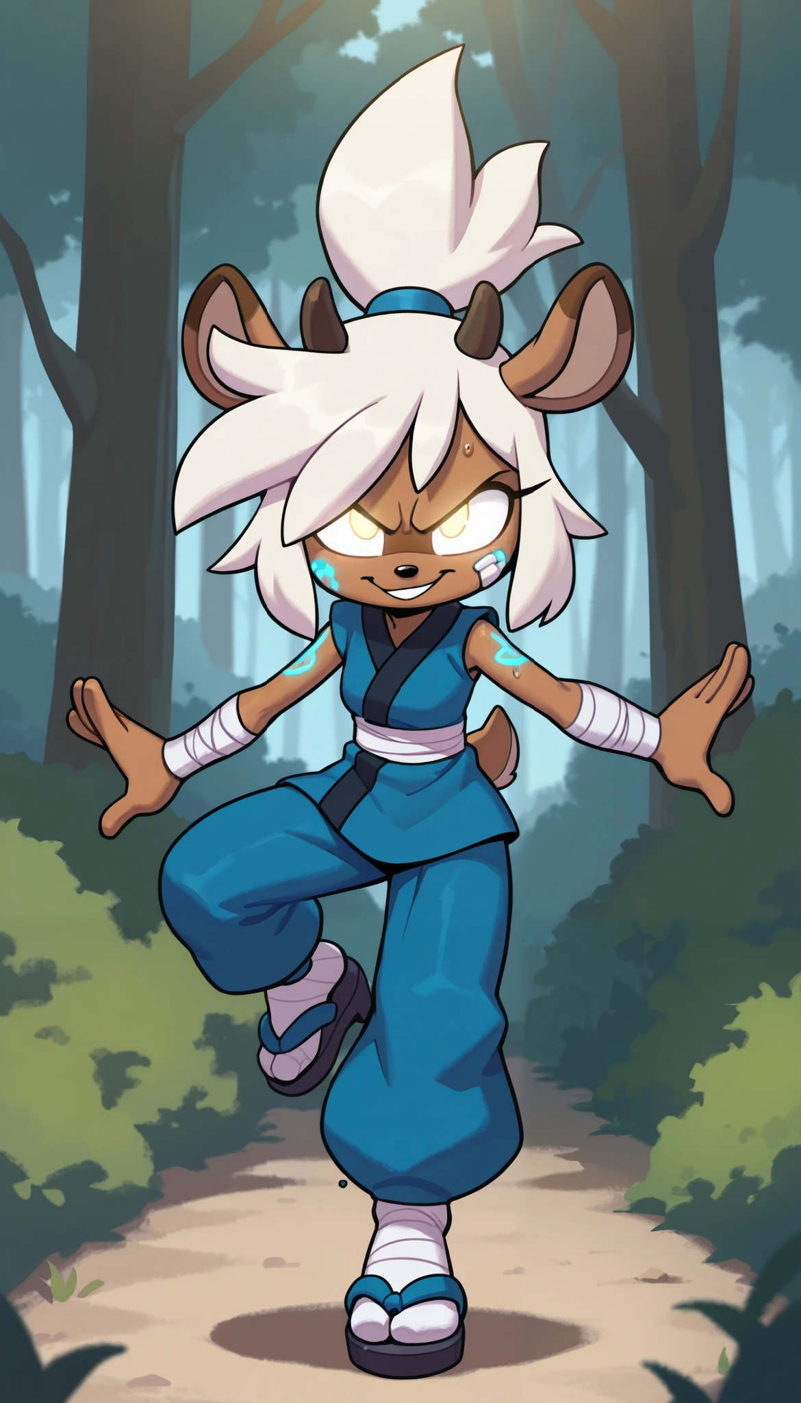 score_9, score_8_up, score_7_up, 1girl, solo, masterpiece, best quality, amazing quality, very aesthetic, absurdres, source furry, mobian deer, glowing eyes, deer ears, deer tail, deer features, two tone body fur, brown body fur, white body fur, white hair, messy bangs, topknot messy ponytail, looking at viewer, smile, oily skin, (short body, tiny body), big head, closeup, ((blue short kimono, sleeveless, white bandages, baggy pants, sandals)), cheek tuft, smile, full body, feets with three toes, forest on background, small breasts, female furry, action pose, karate fight, avatar state, deer horns, blue glowing tattoos on arms, blue glowing tattoos on face, angry, smile, prepare to fight,