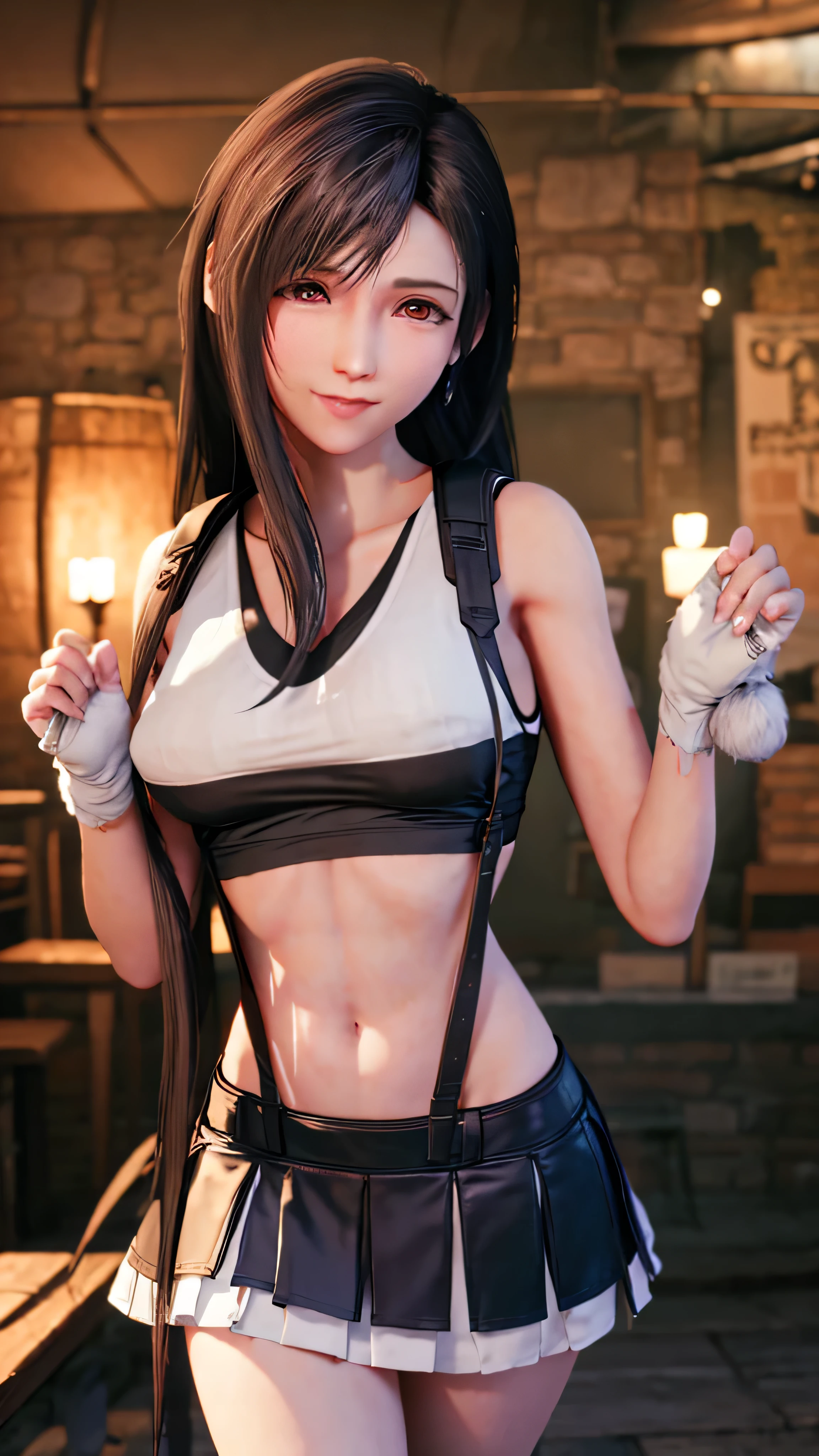 (blush, 25yo, narrow eyes) (Photorealistic: 1.5), Solo, Top Quality, 4K,8K,Very Delicate and Beautiful, High Definition, full hight definition,raw,1girl, FF7tifa,tifa_lockhart, fresh smile:1.3, closed right eye:1.3, Supporting someone else,cheerleader, pom pom \(cheerleading\), pleated skirt, Focus on her, Depicted in biologically correct proportions, Precisely crafted down to the smallest detail, Elaborate hands and fingers, Elaborate face, Elaborate body, Elaborate legs,A blushing, embarrassed look on the cheeks,Black Hair, Long Hair,Shiny hair, wet skin,elaborate eyes,Face Light, Movie Lighting, Navel, ( gigantic breasts: 0.7),background blurred, Erect nipples:1.2,fluttering hair,  pov:1.3, Elaborate depiction,(no bra and panty)