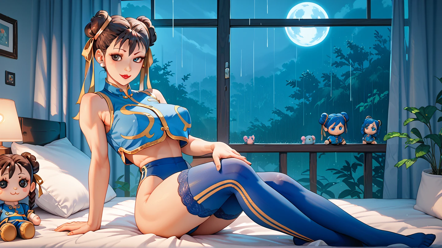 score_9, score_8_up, score_7_up, masterpiece, high quality, 
<lora:KDAEvelynnPonyLora:0.9>1girl, long hair, double bun, yellow eyes, earrings, blue lingerie, laying in sexy pose on a bed at night, cute smile