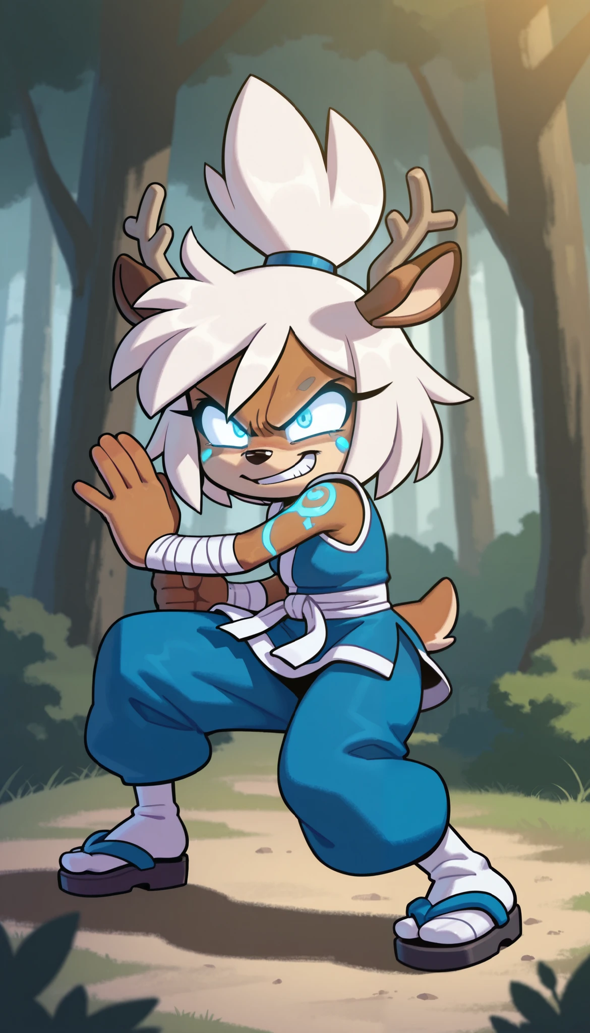 score_9, score_8_up, score_7_up, 1girl, solo, masterpiece, best quality, amazing quality, very aesthetic, absurdres, source furry, mobian deer, glowing eyes, deer ears, deer tail, deer features, two tone body fur, brown body fur, white body fur, white hair, messy bangs, topknot messy ponytail, looking at viewer, smile, oily skin, (short body, tiny body), big head, closeup, ((blue short kimono, sleeveless, white bandages, baggy pants, sandals)), cheek tuft, smile, full body, feets with three toes, forest on background, small breasts, female furry, action pose, karate fight, avatar state, deer horns, blue glowing tattoos on arms, blue glowing tattoos on face, angry, smile, prepare to fight,
