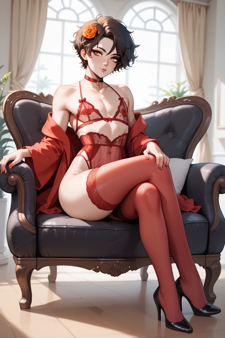 (NSFW: 1.4), (Best Quality, Masterpiece: 1.1), (Fidelity: 1.4), Woman, 22 years old, Lustful look, Flushed face, Face of Pleasure, Lustful expression, Lascivious half-open mouth, Short hair Messy red, Eyes purple color, In the Main Room, nocturnal moonlight, lace stockings, Lace choker, Hearts flying, Transparent lingerie, sitting in an armchair, legs open, full body, high heels, bare crotch, camel's paw, detailed hairy pubic anatomy, small breasts, hard chest beak, looking at the viewer, pov from below, comics style, analog style, illustration, lineart. heart pupil
