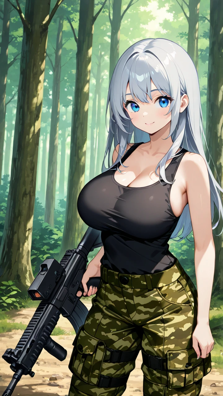 1girl, long hair, looking at viewer, best quality, grey hair, ((glowing green eyes)), red ribbon, thick thighs, assault rifle, blush, blue shirt, multicolored hair, bandaged arm, single glove, golden shoes, pink shorts,