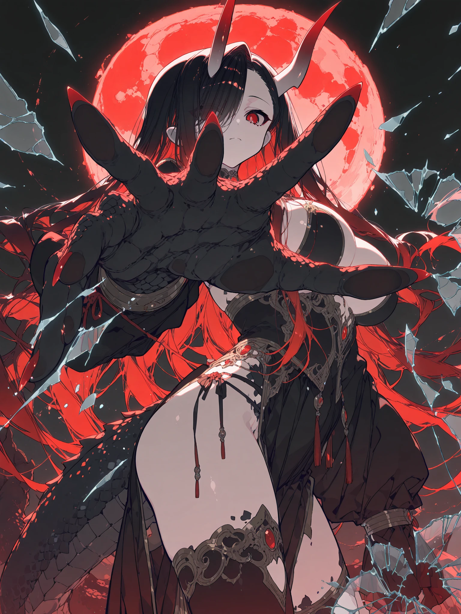masterpiece,highest quality,1girl,solo,Two white horns,turned my back,smile,red lips,witch,black hair,red eyes,naked,Skulls scattered on the ground,Background purple