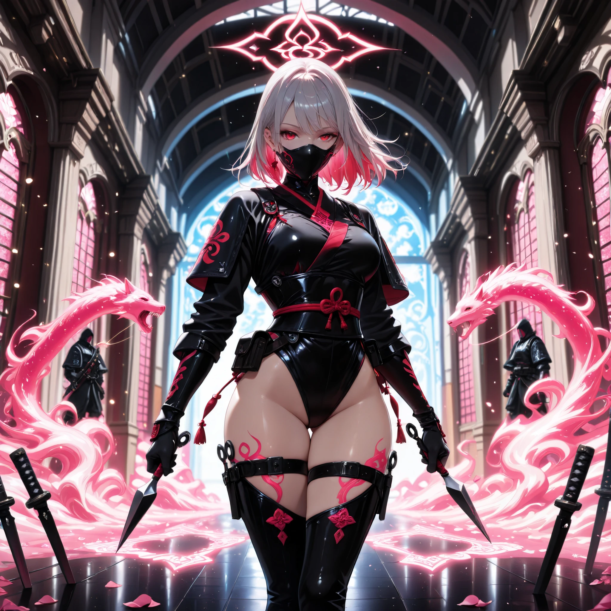 (mask), (kunai), A deadly ninja demoness emerges from the golden-pink twilight sky, her piercing red eyes glowing beneath a half-mask. Silver hair is partially tied back, ensuring stealth and precision. She wears a sleek black and red ninja suit, reinforced with armored plates and intricate patterns, blending agility and protection. Twin kunai are strapped to her thighs, and she grips a razor-sharp katana, her stance poised for a silent, lethal strike. The surreal background swirls with pink petals and ethereal clouds, accentuated by dynamic lighting. As she descends, the wind carries the loose ends of her outfit, revealing hidden throwing stars and a utility belt. A dramatic low-angle, slow-motion shot captures her graceful landing, with exaggerated colors, ultra-HD details, and high-contrast HDR lighting. Shadows carve out every detail, emphasizing her supernatural presence. The cinematic tone, combined with ultra-realistic textures and a surreal color palette, creates a breathtaking, high-impact visual masterpiece.  ((4k,8k,Ultra HD)),((Masterpiece :1.2)),((Best quality :1.2)),((Detailed :1.5)),((Detailed background :1.5)),exaggerated colors, HDR-like contrast, dramatic lighting, cinematic tone, High contrast shadows and highlights, ultra-detailed, vibrant colors, surreal atmosphere, surreal color palette, photo-realistic,masterpiece, best quality,very aesthetic, Score_9, Score_8_Up, dramatic lighting, sharp contrast, glowing details, fluorescent lighting, holographic glow, moody lighting, soft glow effect, vibrant highlights, glowing edges, dark background, high contrast, glow, glowing outline, light particles, glowing flame, glowing particles, glowing, ruby theme