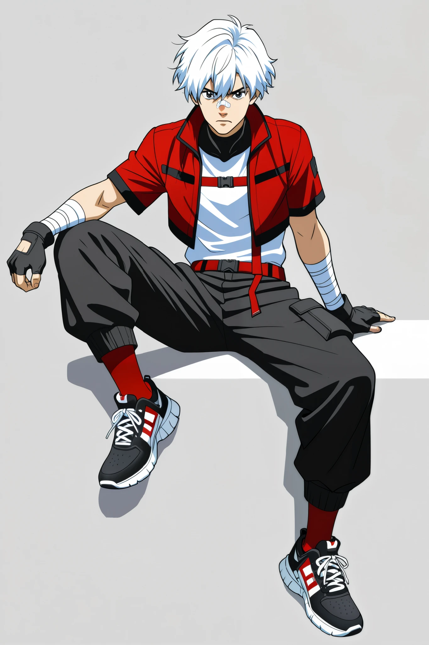 A male anime character with messy, stylized white hair that is white on top and black underneath. His eyes are vibrant red, conveying a confident and determined expression. He has a black band-aid on his nose. His outfit includes a short sleeves red jacket with black and white details, a tight black high-collar shirt underneath, and black cargo pants with red straps on the sides. His left arm is wrapped in white bandages, and he wears black fingerless gloves. His sporty sneakers are red and white, matching his visible red socks. The art style is highly detailed, with smooth shading and intense eye highlights, following a modern anime illustration style.
