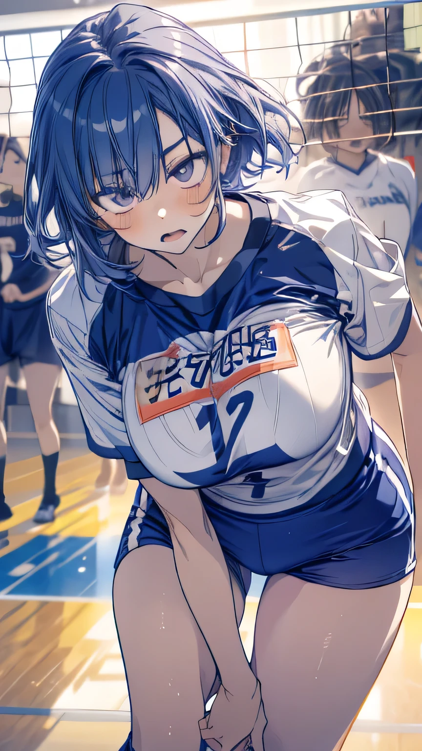 1girl absurdres ball blue_hair breasts chromatic_aberration clothes_writing highres huge_breasts igawa_asagi mature_female mika_l playing_sports shirt_writing skindentation tagme taimanin_(series) taimanin_asagi volleyball volleyball_(object)

