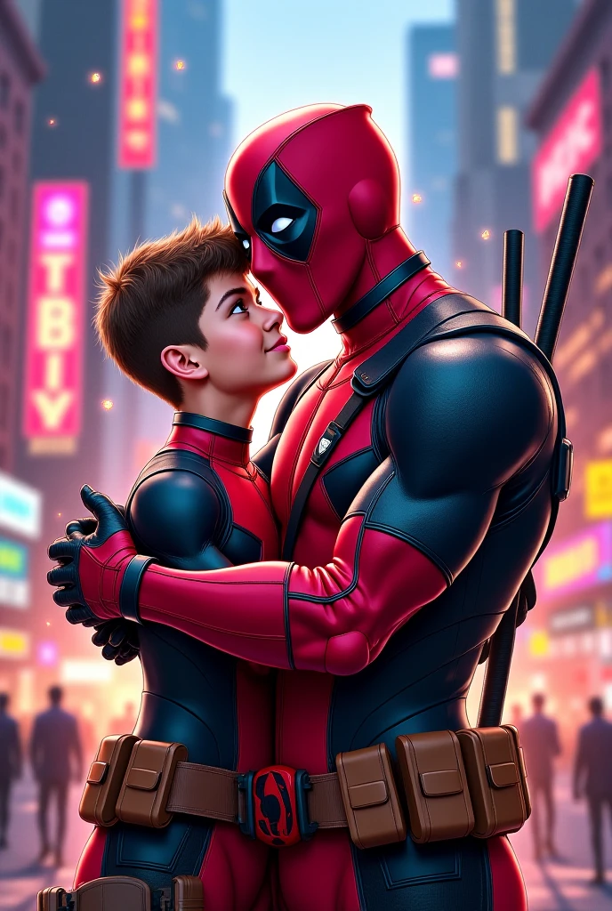 A cool Deadpool wallpaper in which Deadpool is carrying a smart and a bit tall 14 year old boy in his arms and they are Happy and kind of sexy and Deadpool is loving him realistic (brittness 50) and they are at heights and the boy is smart and Deadpool is trying kissing him or touching the nose from his nose and they are at heights