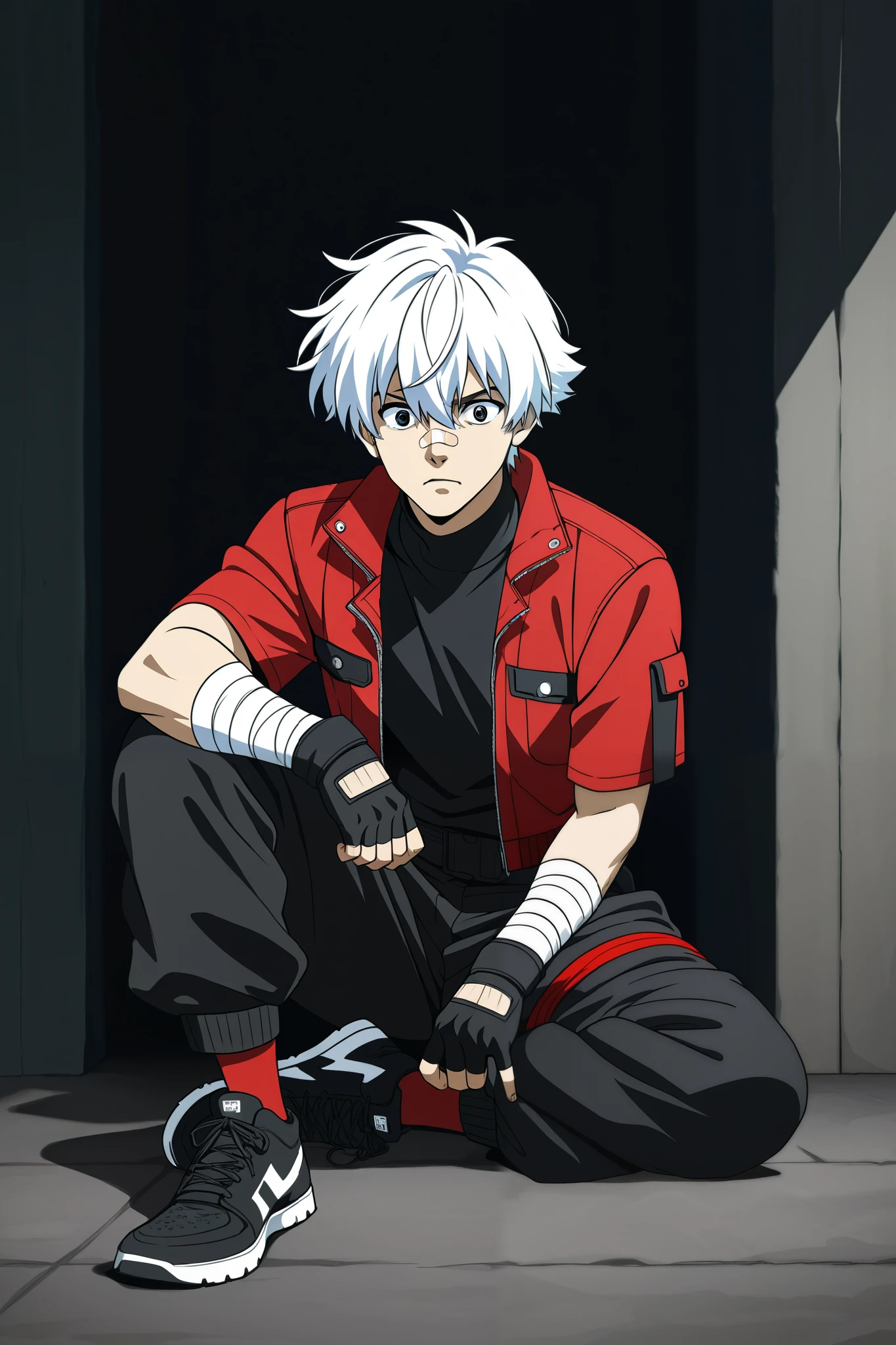 A male anime character with messy, stylized white hair that is white on top and black underneath. His eyes are vibrant red, conveying a confident and determined expression. He has a black band-aid on his nose. His outfit includes a short sleeves red jacket with black and white details, a tight black high-collar shirt underneath, and black cargo pants with red straps on the sides. His left arm is wrapped in white bandages, and he wears black fingerless gloves. His sporty sneakers are red and white, matching his visible red socks. The art style is highly detailed, with smooth shading and intense eye highlights, following a modern anime illustration style.