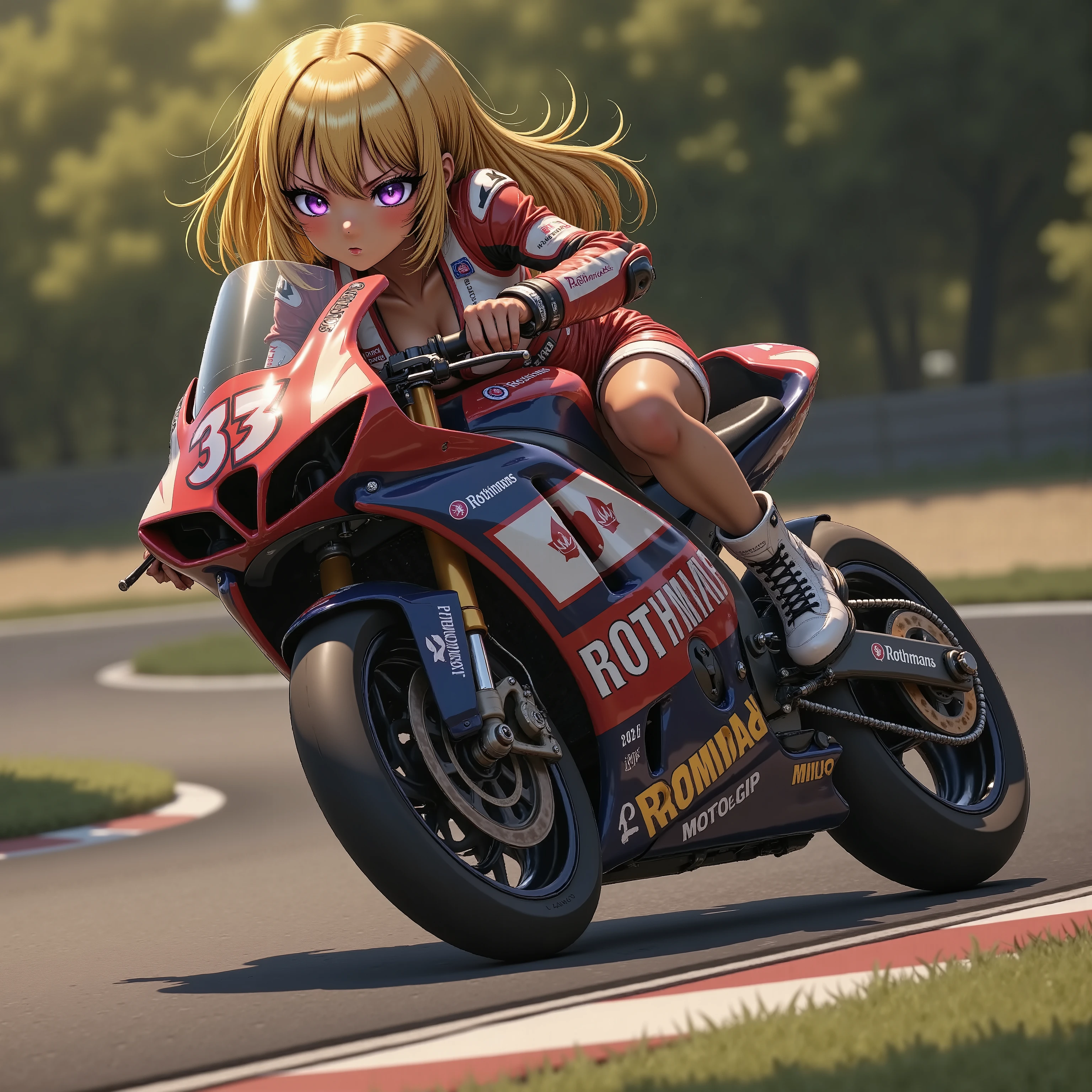 MotoGP  レーサーのコーナリング、　Rothmans 　 MotoGP  ,  brown skin ,  small , yellow hair,  best quality,   textured skin,  thin legs  、Racing Boots、  movie light effect , （Raiko-chan）