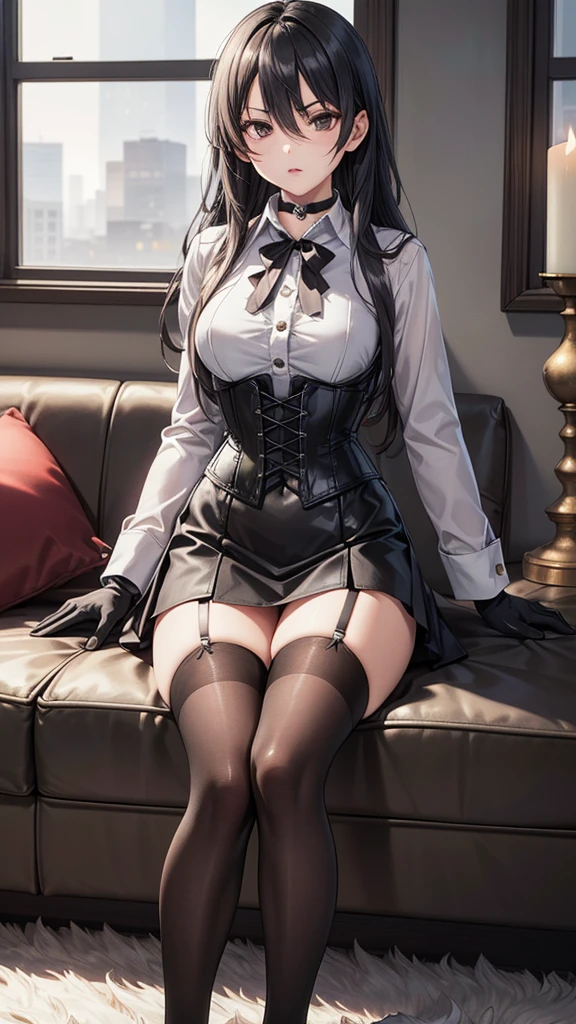（Best Picture Quality，A high resolution，tmasterpiece）one-girl，A mature girl，black lence stockings，Place one hand on your crotch
