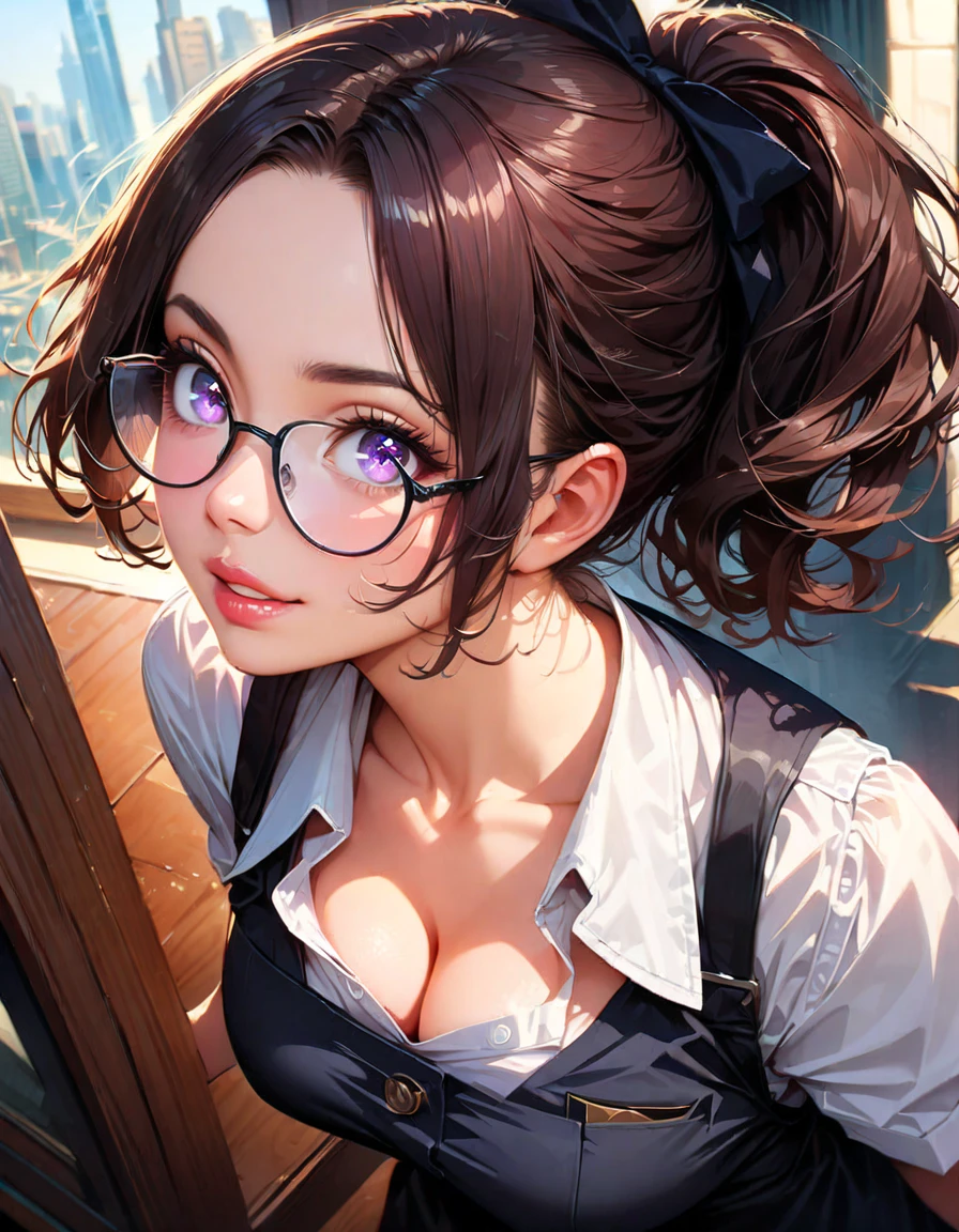 (Highest quality, 8K, 4K, High resolution, masterpiece:1.2), Very detailed, Anime Style:0.9, Realistic, Bright colors, Written boundary depth, Blurred Background, alone, 1 female, (Black Hair, Long Hair, Braid, Glasses, Dark brown eyes), Beautiful facial details, Beautiful Eyes, Long eyelashes, Soft lips, (Small face), (smile:1.3), Rear View, ((uniform:1.2, )), classroom, (Show your ass), Lace Underwear, Big cleavage,Nipple slip, Expressions of ecstasy, Sweat, Blushing, My body is soaked,Wet Panties,Cloudy semen splattered on her chest,