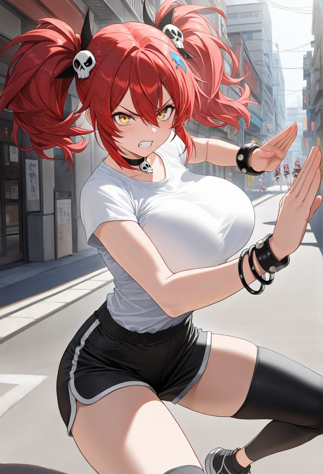 1girl ,20s,angry face,black bodysuit,(red hair),long hair,fox ears, sunny, park,peace_sign
