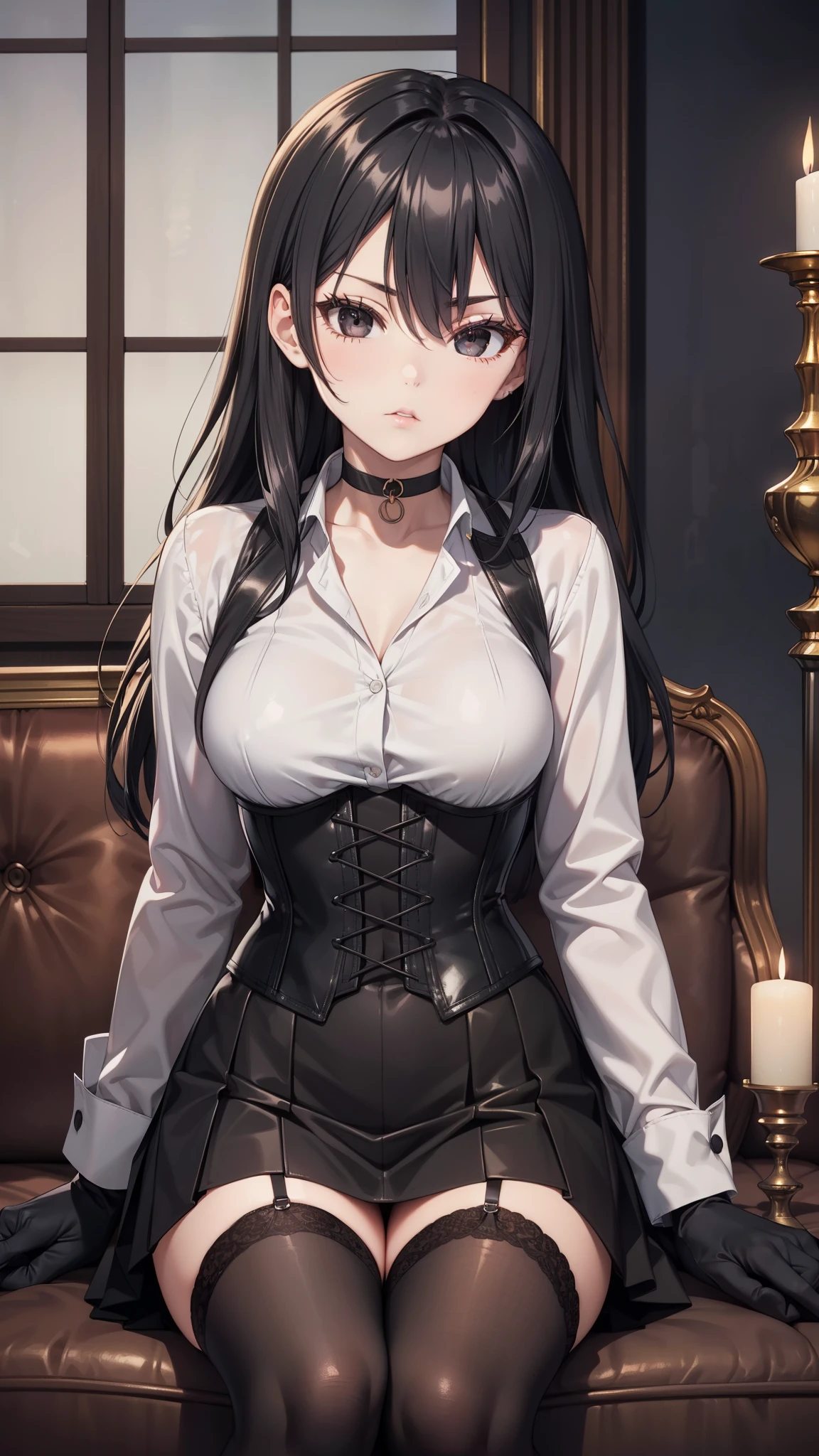 Masterpiece, beautiful art, professional artist, 8K, sciamano240 art style, very detailed face,  detailed clothing, Detailed fabric, (A young girl of short stature), sitting on a couch,  perfectly drawn body , beautiful face,  closed lip vest, (long black hair), black eyes, very detailed eyes, serious expression, detailed lips, choker:1.6, (long sleeve buttoned white collar shirt), black gloves,  gloves that cover my hands , (black leather corset), (short black skirt), ( brown stockings), show details in the eyes, elegant room, candelabras, at night