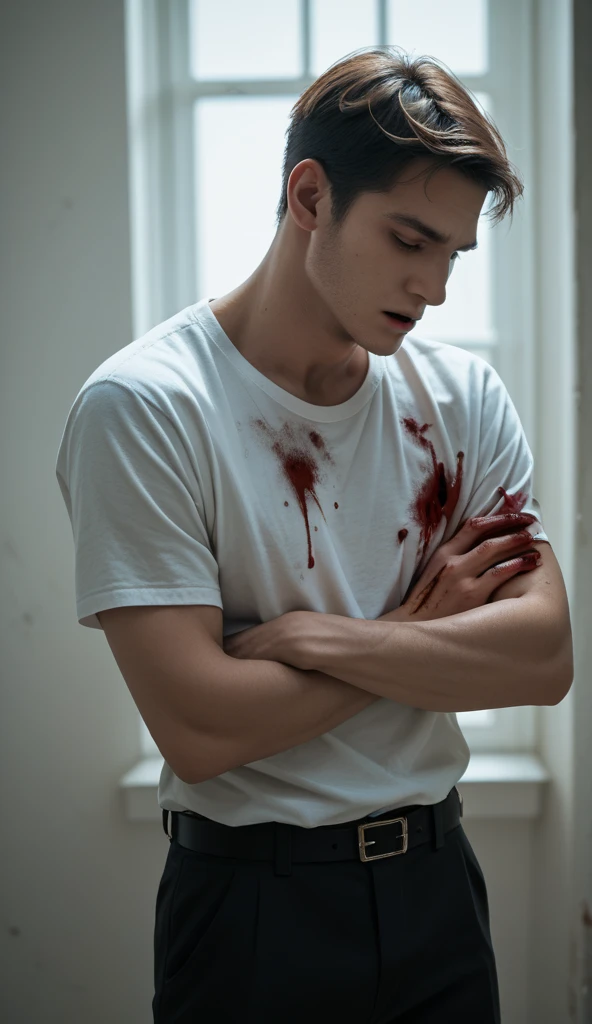 handsome teenage white boy, brown hair, , painful stab wound in stomach, fainting, bleeding wound, pained and scared expression, blood on floor, bloody white tanktop, short pants and no socks, covering wound with tanktop, holding wound with bloody hand, drowning in the deep water, slightly spreading blood in water, trail of blood, massive bleeding, detailed facial features, highly realistic, cinematic lighting, dramatic shadows, muted color palette, dramatic composition