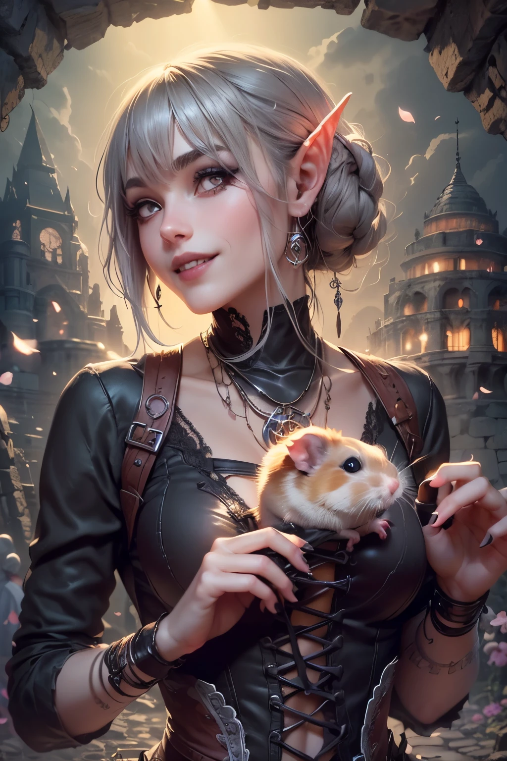 (Ultra-detailed face, Looking away, Gothic Illustration, Dark tone colors. She has five fingers on her hands and five toes on her feet.), BREAK (Ancient ruins. Gothic ruins. Dimly lit space. Fantastic. Mysterious. Cherry blossom petals are dancing. Contrasts of light and shadow.), BREAK (A young female dark elf treasure hunter is smiling and playing with a small, round, fluffy hamster tucked between her cleavage. The viewpoint looks up at the woman from the front of the lower side of the room.), BREAK (She has gray hair, gray eyebrows, blunt bangs, waist-length wispy hair, small pink lips, lavender eyes, dark gray skin, and eyeliner.), (She is wearing a short lace up dress with an English Victorian cherry blossom motif and lace fabric overlay. She wears an up-dress. She wears sandals with braided leather straps.)