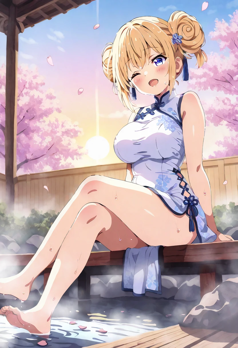 1 girl,highest quality,Super high quality,highest quality,anime characters,beautiful eyes,Detailed contours,big breasts,spread your legs,sweat all over,blonde,beautiful big breasts,Full view of pussy,smile,white mini skirt,underboob,Angle from directly below,Y-shirt,is beautiful,open your mouth,Don't show your nipples,beautiful feet,my nipples are erect,short hair,cleavage,China dress,Belly exposure,blue sky,Kneeling,Bend your upper body back,touching my pussy,