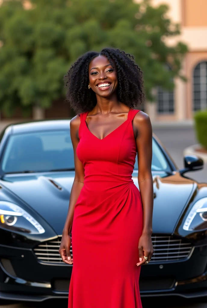 Black woman in a red dress in a car