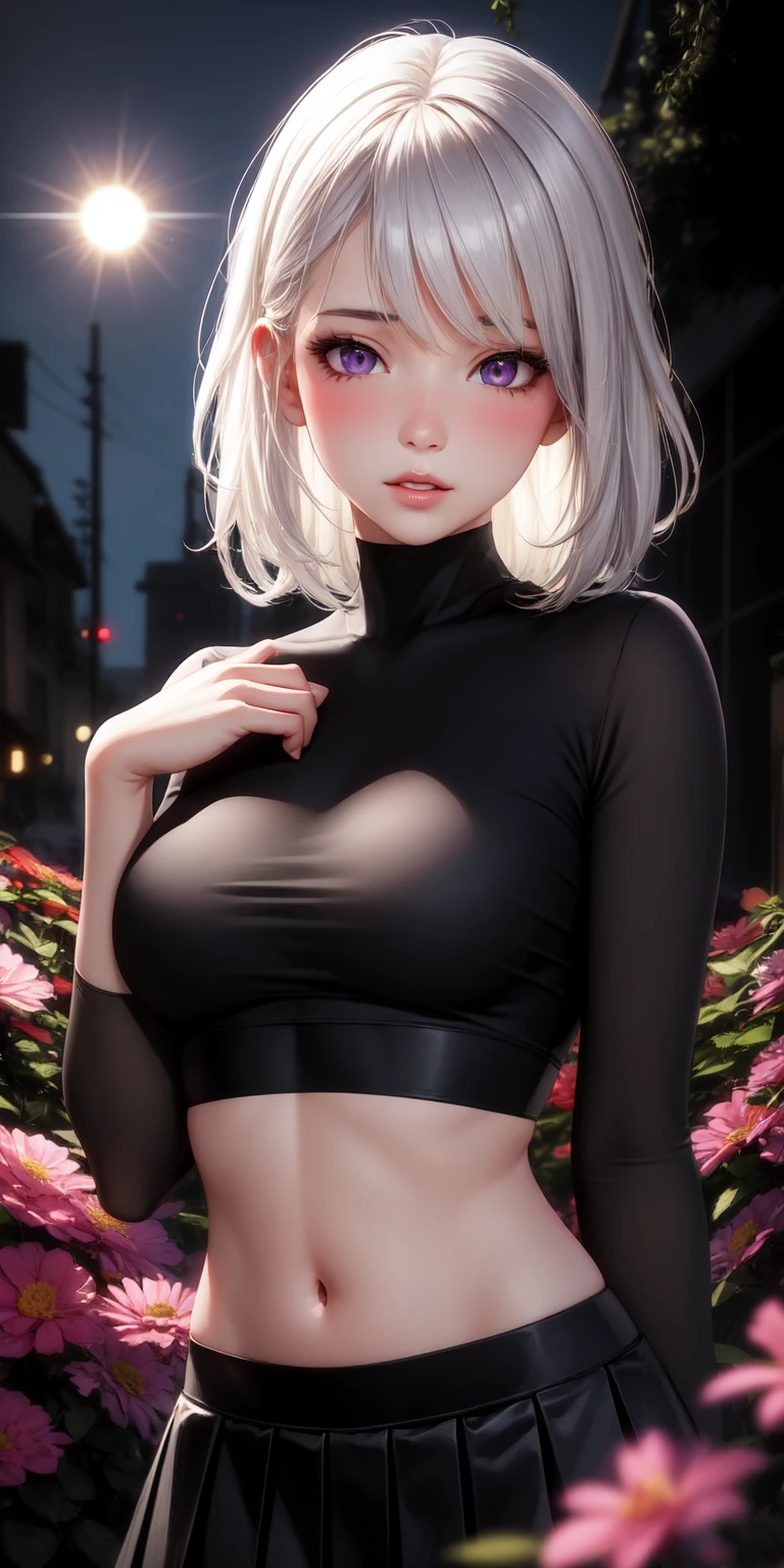 realistic, 1 girl, white hair, purple eyes, glowing eyes, crop top, skirt, parted lips, blush, night, flowers, sun, sunlight.сиси голые