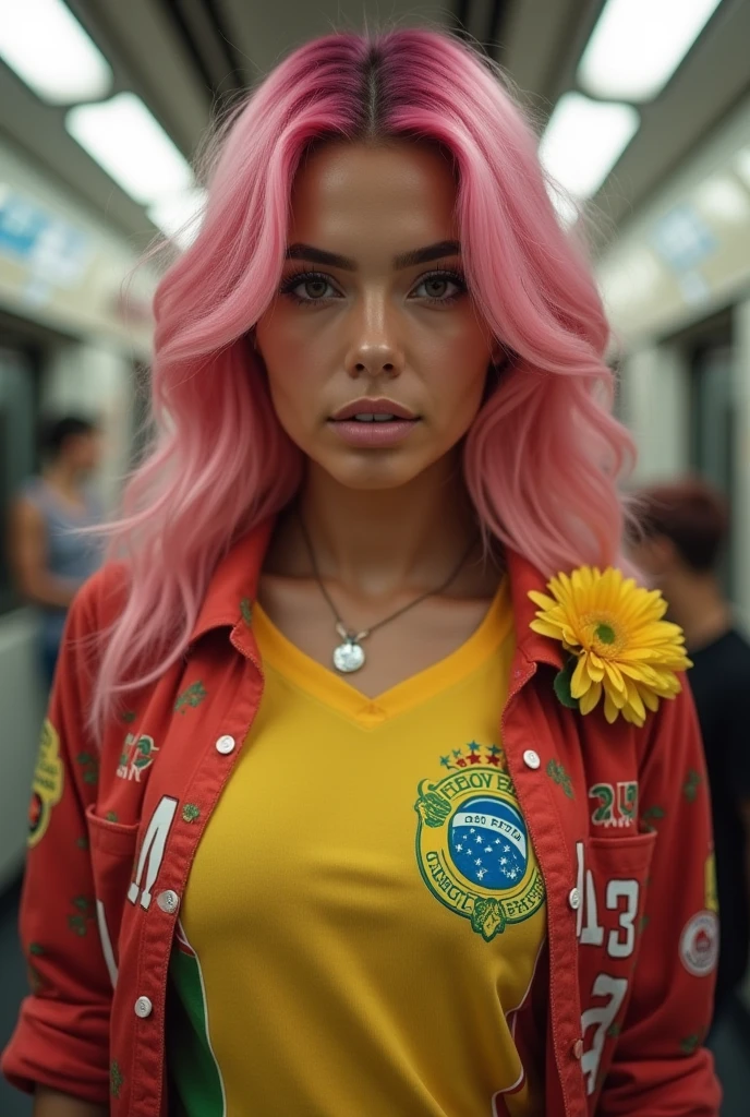 A Brazilian woman on the Sao Paulo subway , wearing an open shirt with a Sao Paulo team print, with a close-up capturing the harmonious beauty between her breasts and the natural flowers, showing off your natural charm and outgoing personality,pink hair