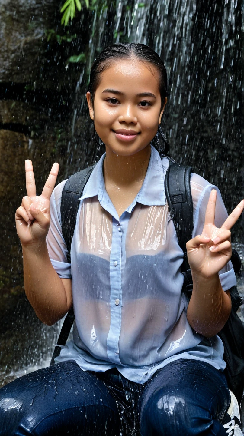 Pictures of the atmosphere during the Songkran festival in Thailand A girl wearing a white shirt holds a bowl of water and gets wet. Smile cutely for the camera