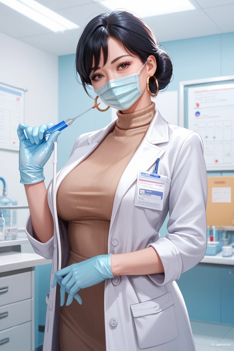 a full body of a young female hyperrealist, photorealistic, dynamic lighting, art station, big breast, full body of Fashion model photography, strong sense of design, medium shot, asian girl, brunette, delicate skin, volumetric lighting, highly detailed face, 4k, award-winning, 1woman, deep shadows, low key, portrait, (((((Doctor: 1.4)))), shorthair, black hair, round glasses, sad, heavy breath, body in sweat, sweat rolling down, after consulting with patient, cleavage, open button shirt, areolas bulge, wet