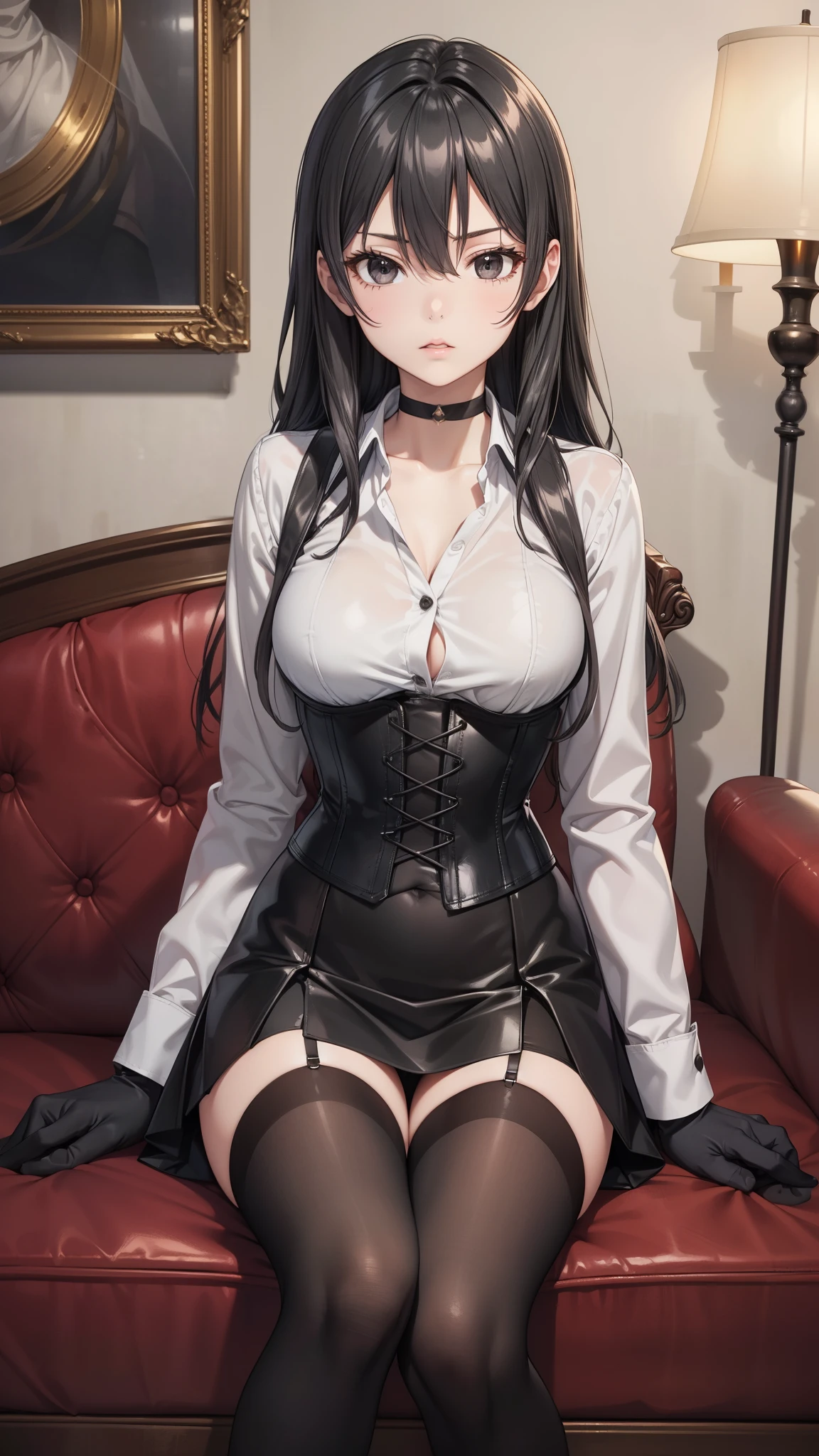 1girl in、 a smile , a delightful ,Front-facing、Composition from below、Full body portrait、fark longhair、Medium haircut、red blush、Absolute Area、Black knee socks、Black knee high、Black stockings、Black pantyhose、Black Lace Pantyhose、black underwear、white panties、No shoes、without shoes、black pleated skirt、summer clothing、inside the house、during daytime、(small tits)、((full bodyesbian))、masterpiece、(top-quality), 20 years old