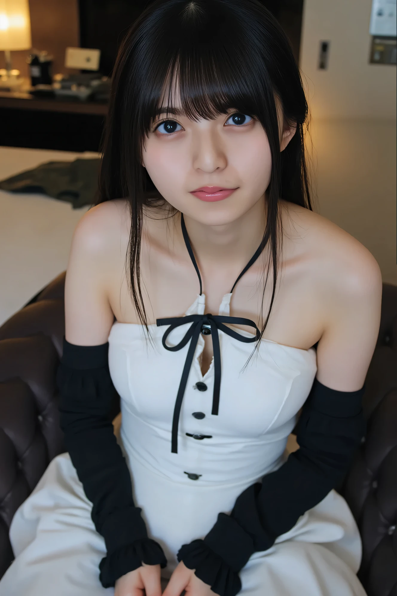((( High Resolution , top quality, very well detailed, masterpiece , highly detailed photos , realistic , Real people , Ultra precise skin ))) , ( from the front ) , full body , Advance Shot , , { Make sure that being cosplay ( detail:strapless, strapless leotard, detached collar, bare shoulders, bowtie, bow, wrist cuffs } , black hair , medium hair , medium breasts , focus on the face and chest , (( tuck hair behind the ear : 1.8)) , { nsfw } , In the gloomy hotel room